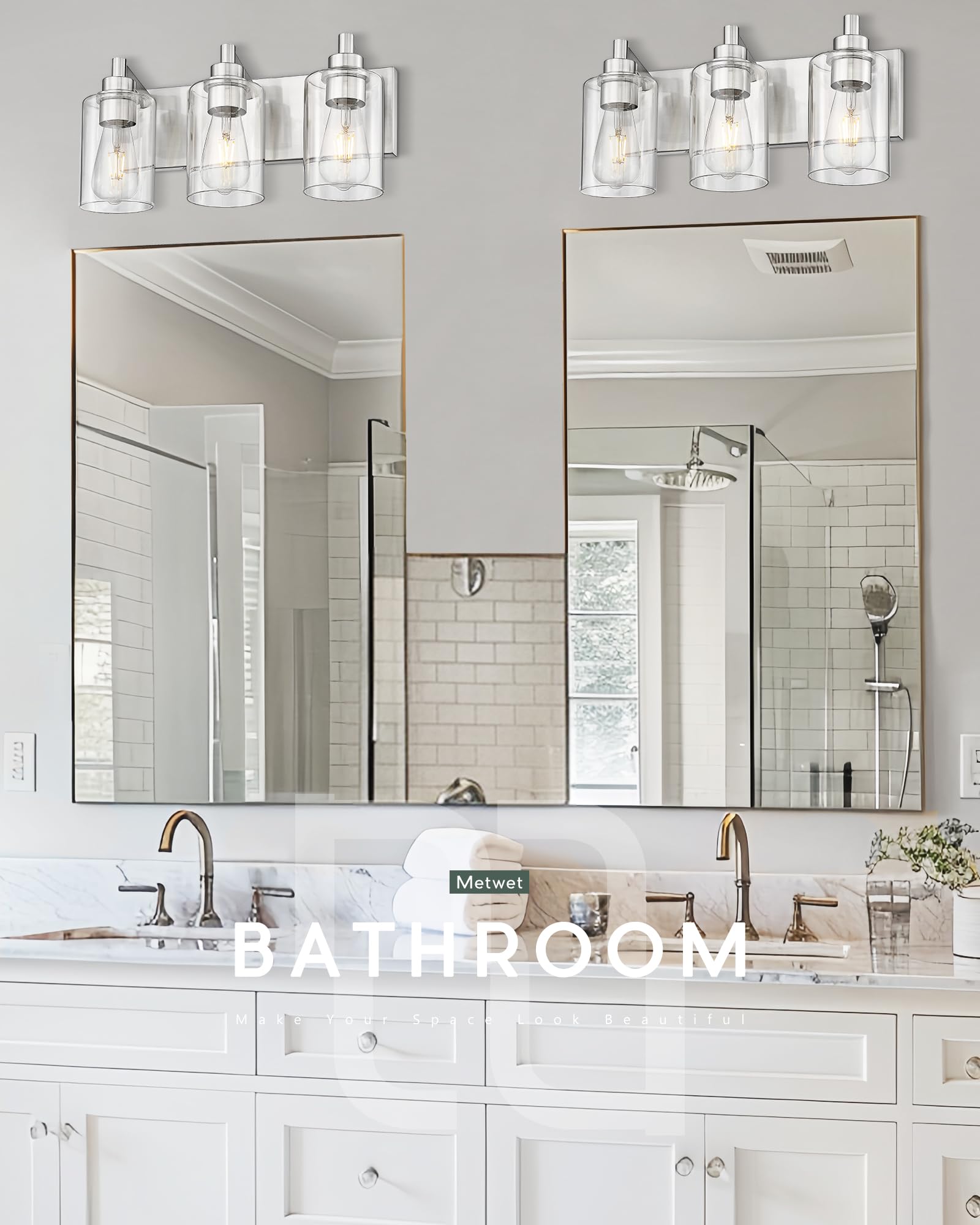METWET 3-Light Brushed Nickel Bathroom Vanity Light Fixture, Clear Glass Shade, Model VL143-BN-3