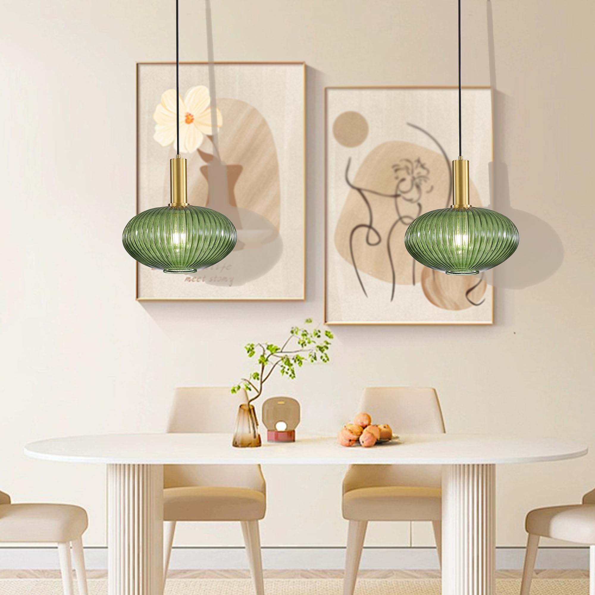 I-Xun Green Modern Pendant Light, 11.81'' Striped Glass Fixture For Kitchen & Dining Room