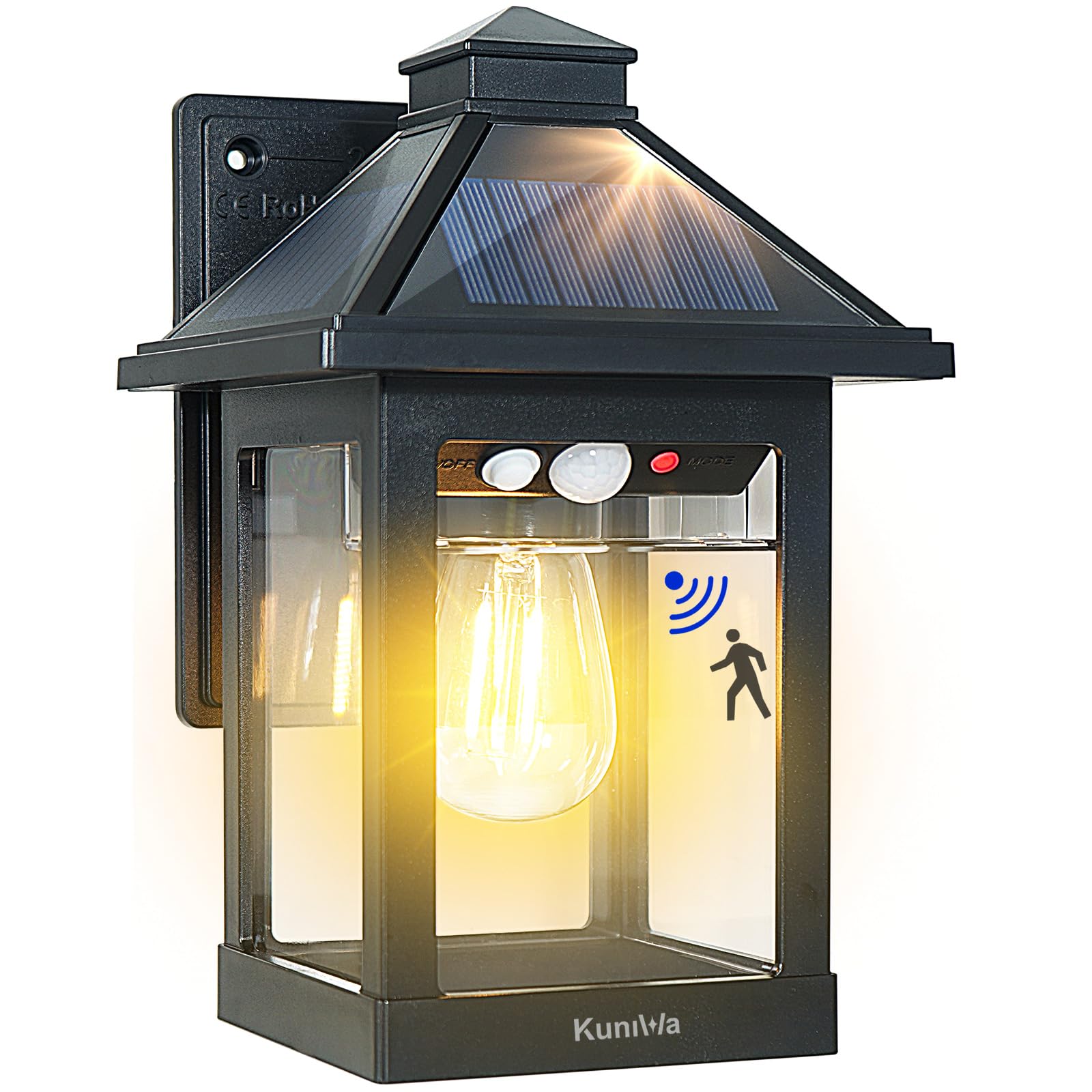 Kuniwa Solar Wall Light With Motion Sensor, 3 Modes, Waterproof Outdoor Sconce For Porch & Patio