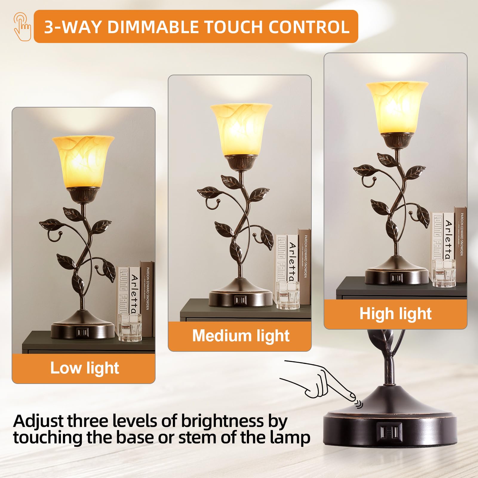 RORIANO Touch Control Table Lamp, 3-Way Dimmable, Vintage Bronze with Amber Glass Shade, Includes LED Bulb, Model TT-8832-MM