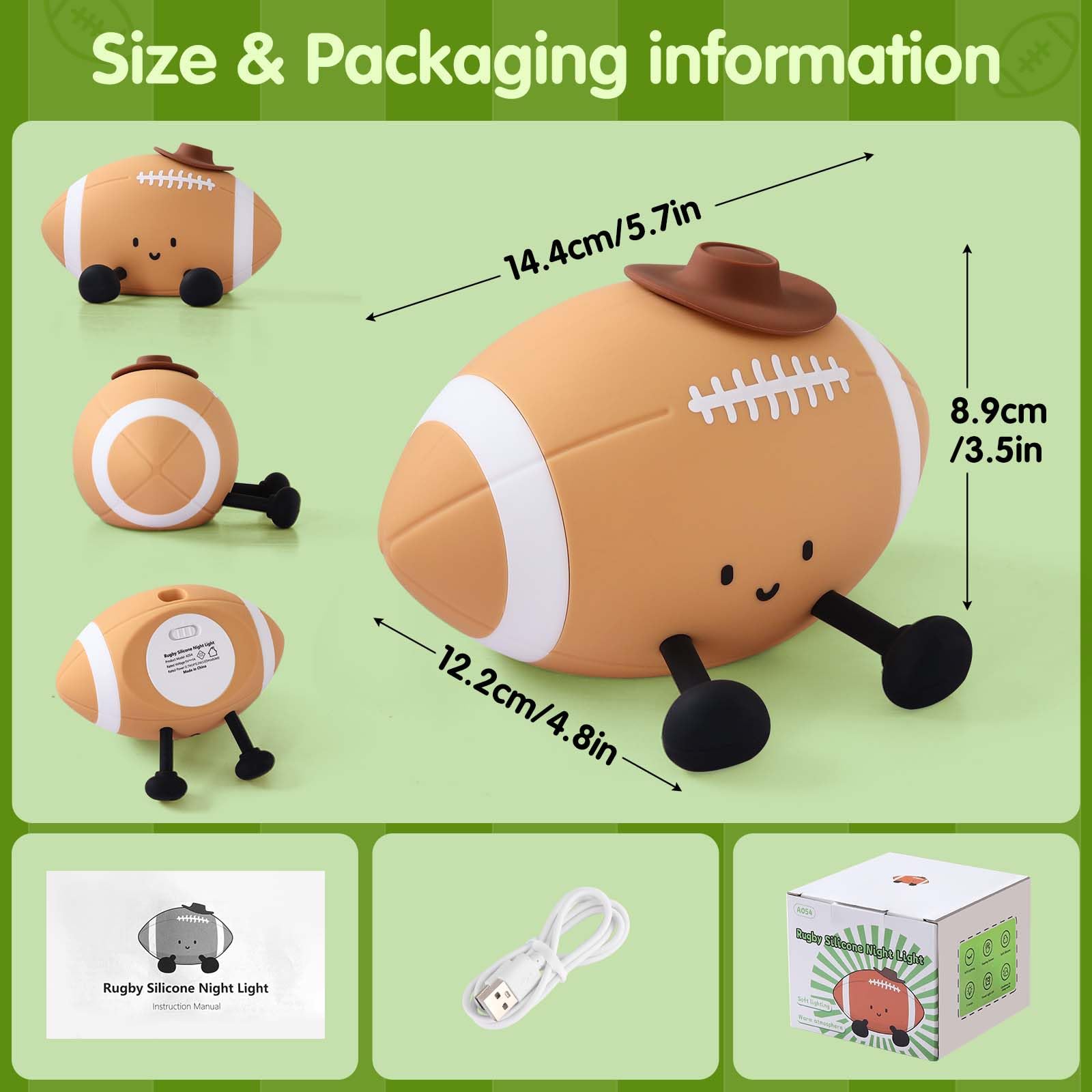YISUN Football Night Light, Rechargeable Silicone Nursery Lamp, 5.1" Orange Rugby Decor for Kids Room, Model DH-BFLD27