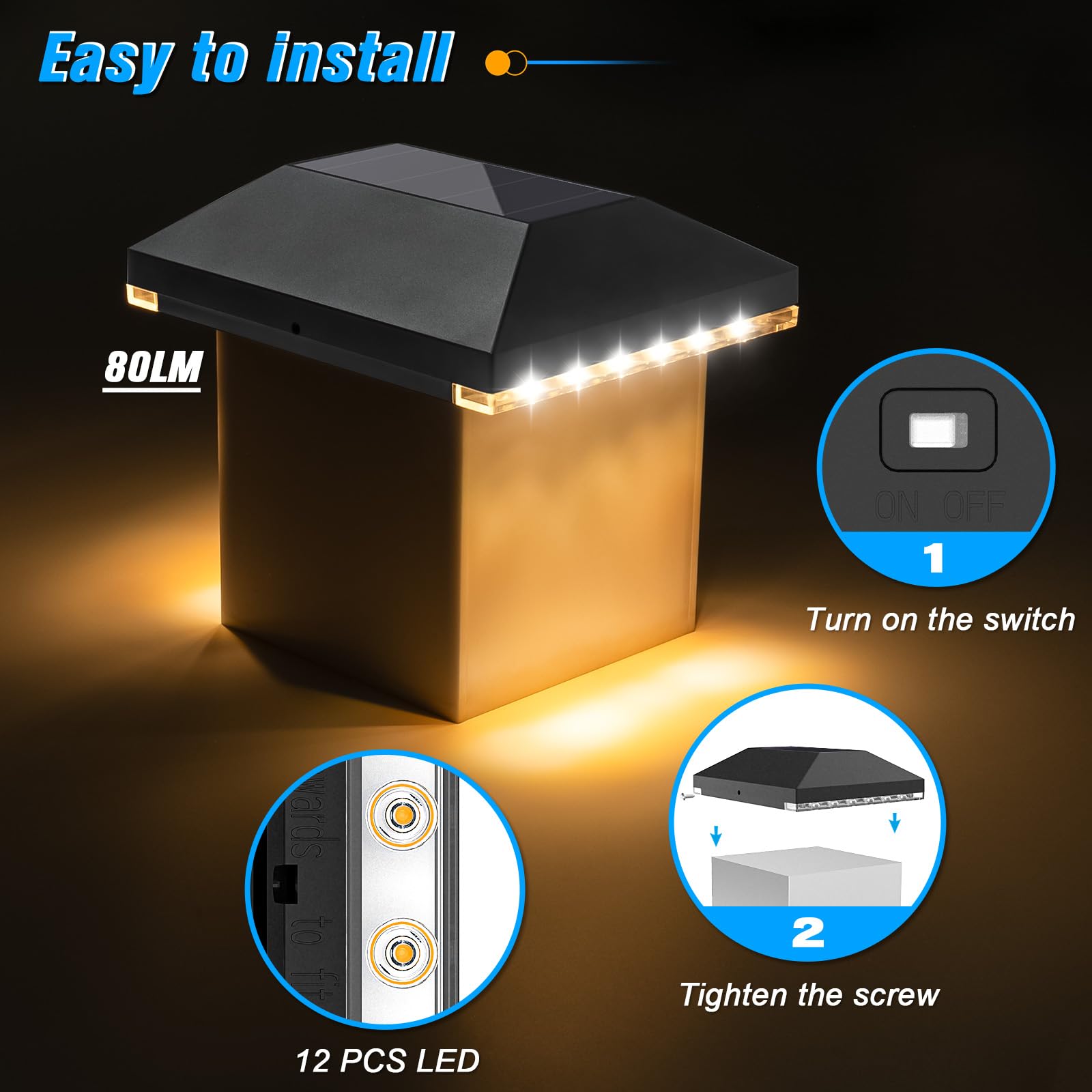 Volisun 4X4 Solar Post Cap Light, Black, Waterproof, 12 Pack For Garden/Patio/Porch