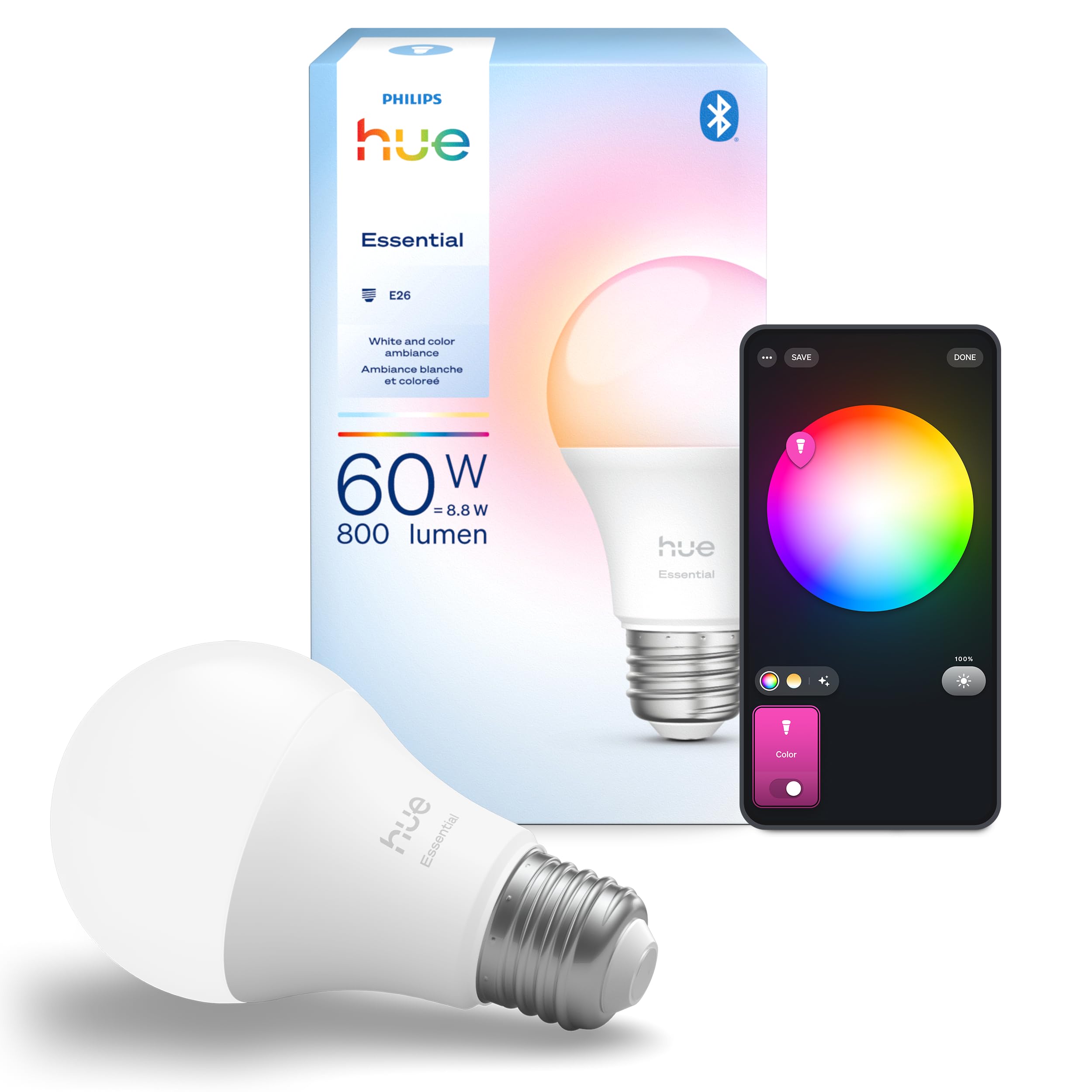 Philips Hue Essential Smart LED A19 Bulb, 800 Lumens, Dimmable, E26 Base, 1-Pack, White and Color Ambiance, Model 592535