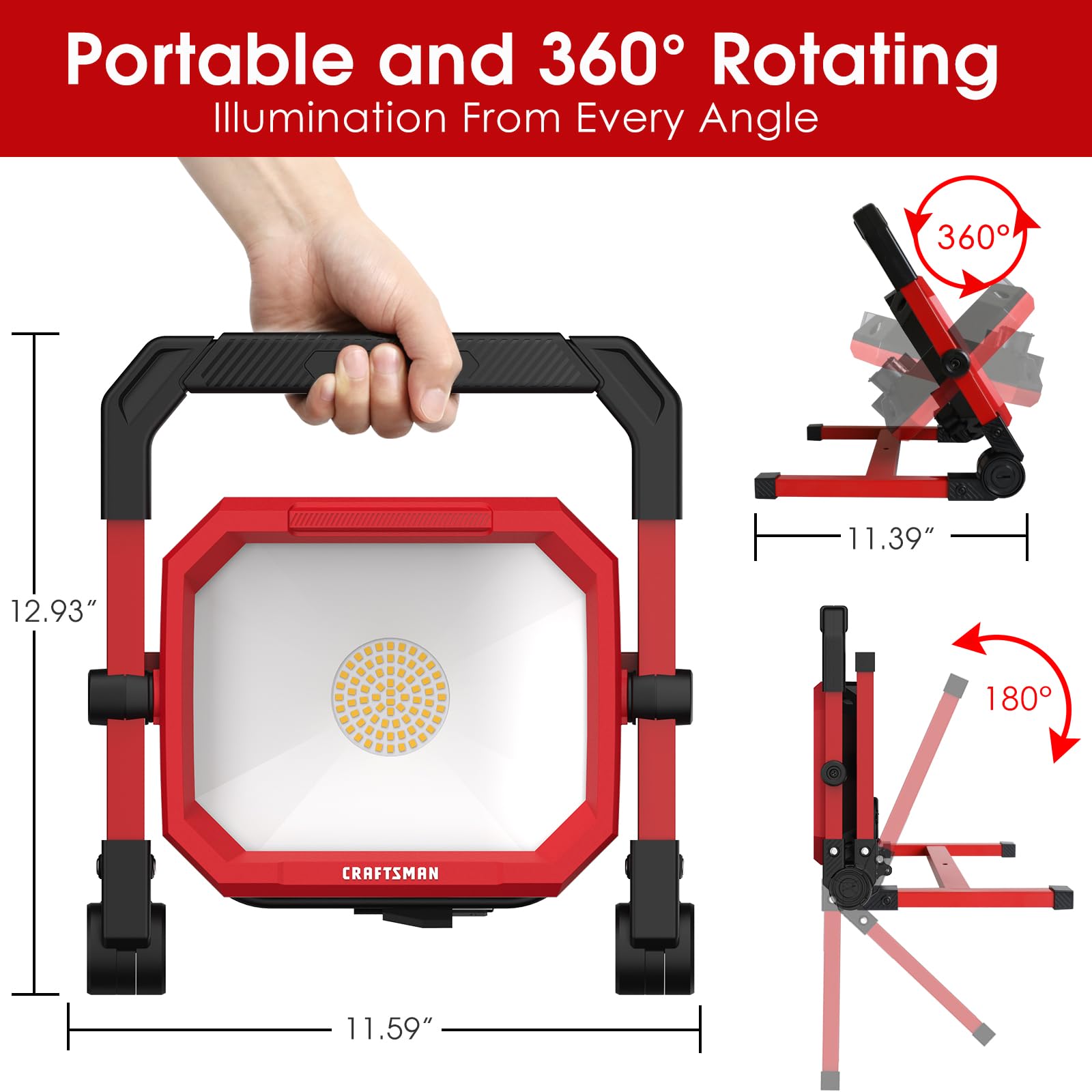 Craftsman 4500Lm 46W Led Work Light, Wet Rated, 450W Equivalent, 5Ft 1.52M Cord With Plug, 4000K, Fold-Flat Design, 360 Rotating