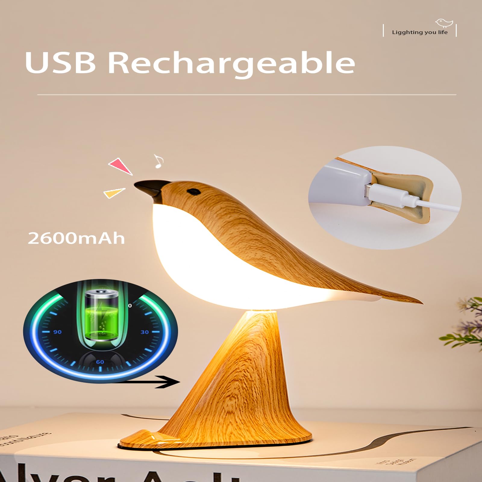 THOEWONG Small Bird Desk Lamp - Rechargeable, Touch Sensor, Remote Control, 0.1in x 0.2in x 0.2in, Wood Color, Model bird02