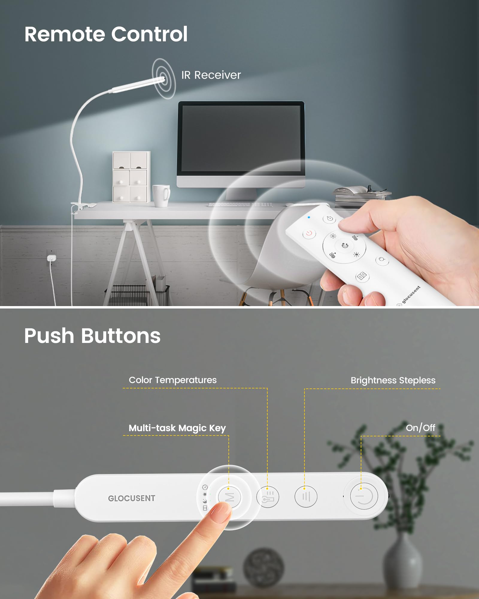 Glocusent Clip-On Light, 5W, 38 LED, 5 Color & Brightness, Remote Control, 30-Min Auto Off, White, Model GLCSNTA1901