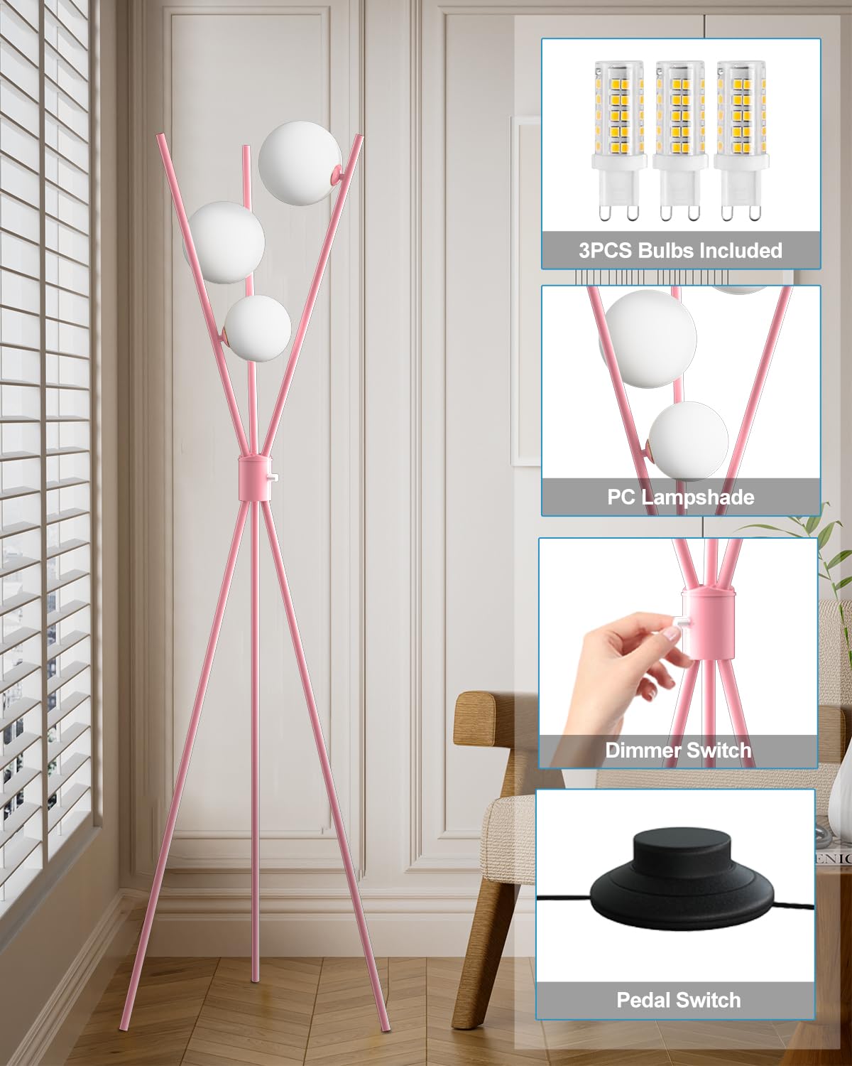 Lightdot Globe Standing Lamps Stepless Dimmable Pink Tripod Floor Lamp With 3Pcs 3000K G9 Bulbs Stable Base Mid Century Modern F