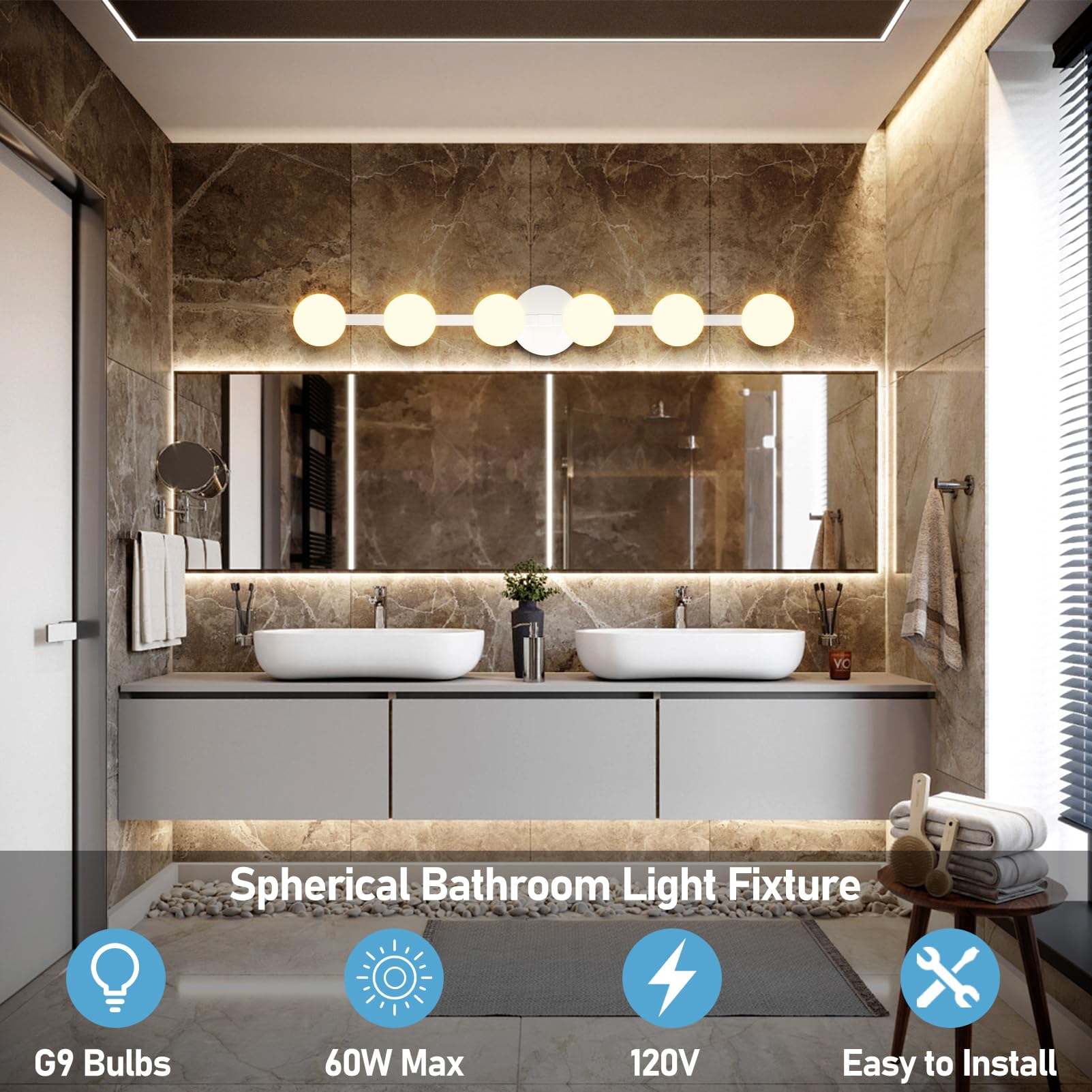 Lightdot 38'' 6-Light Modern Bathroom Vanity Light | Matte Gold Straight Frame With White Globe Water/Shatterproof Shades | Dimm