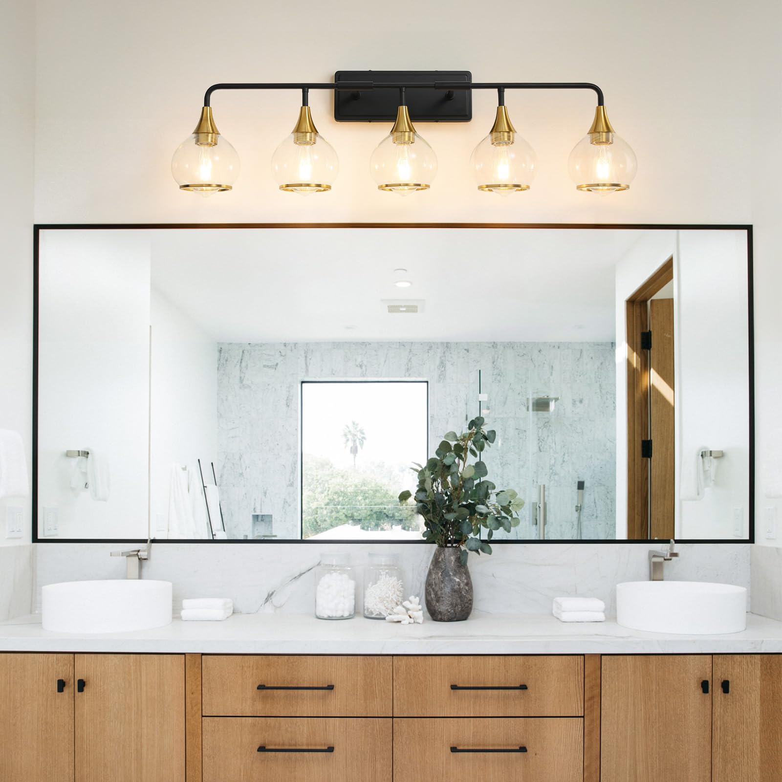 HAHZT Bathroom Vanity Light 5-Lights Metal Wall Sconce 39.2 inch Black and Gold Model 8033ML with Clear Glass Shade