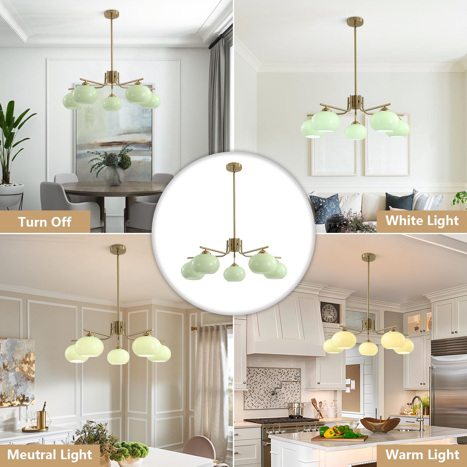 KCO Green Glass Pendant Light - 5 Light Large Globe Chandelier, Brushed Brass, Mid Century Modern, Model L1158-5-G