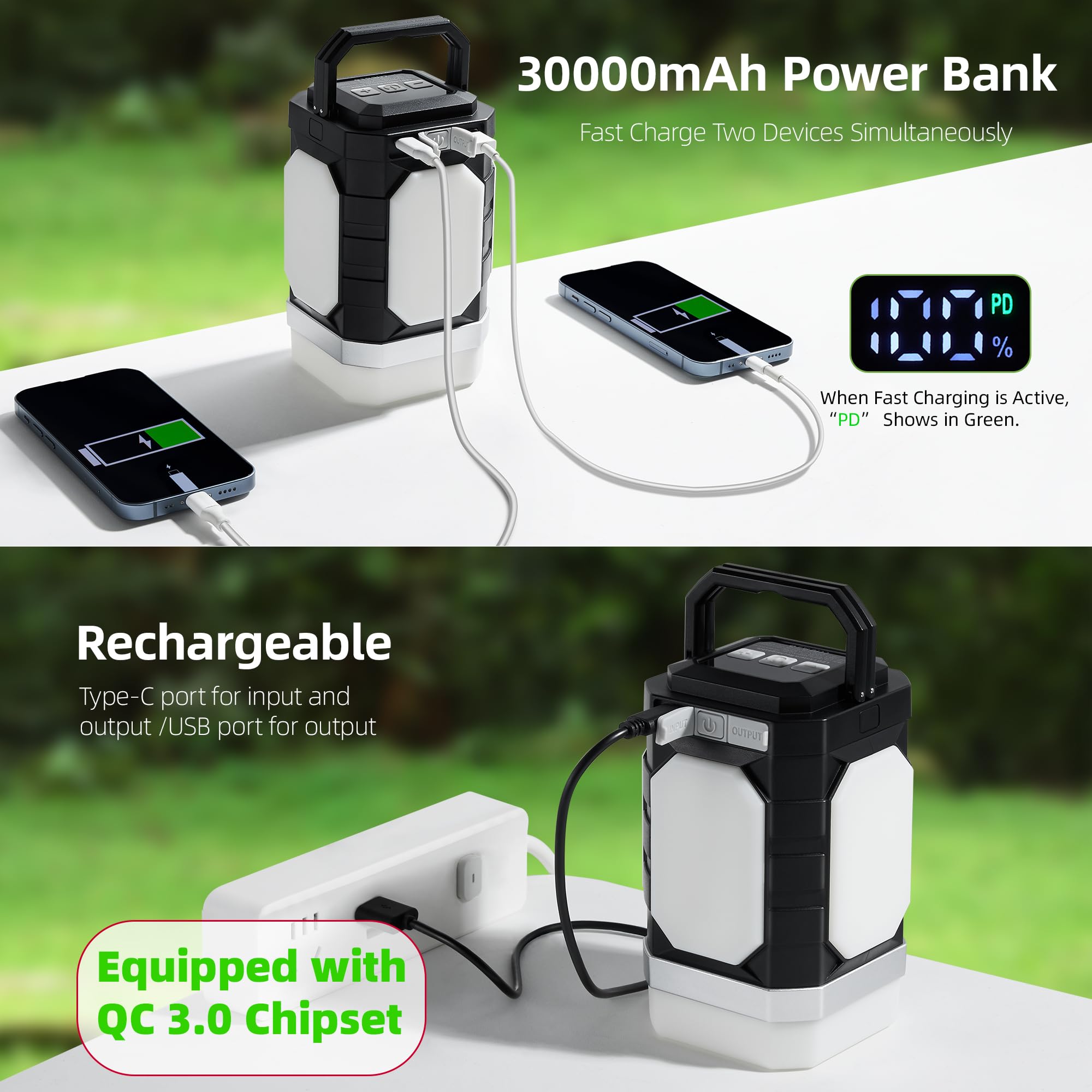 Sinvitron Camping Lantern Rechargeable-30,000mAh Portable Camping Lights, QC3.0 Fast Charging,1000 Lumens,350H Runtime,IPX5 Wate