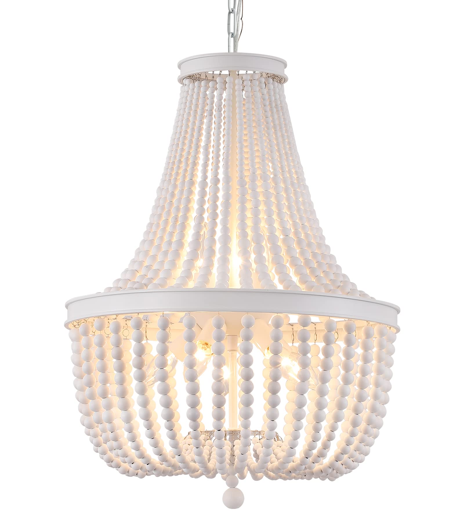Q&S Beaded Chandelier Farmhouse White Wood Beaded Boho Light Fixture Vintage Antique 8 Lights for Dining Room Nursery Kitchen Fo