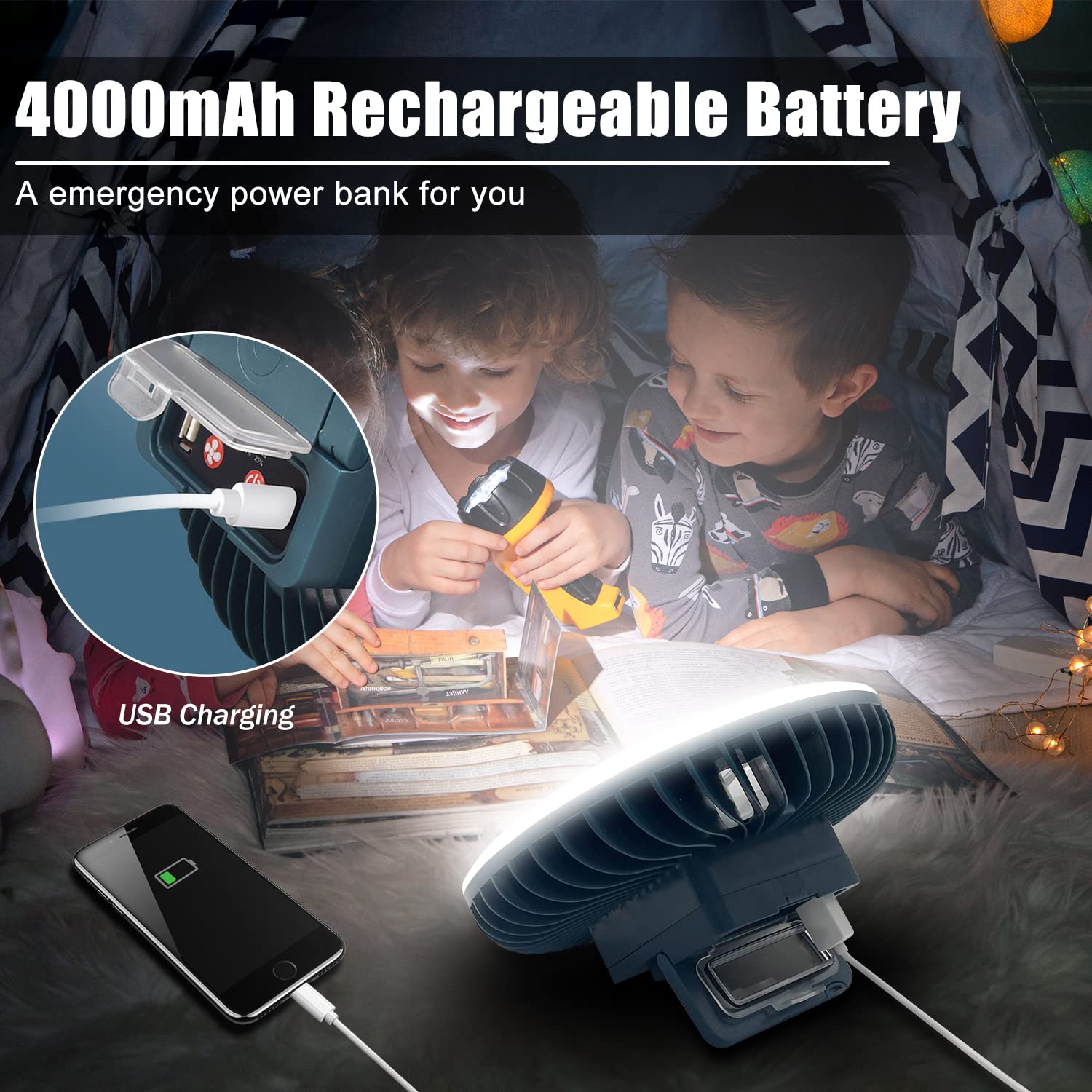 XTAUTO Portable Camping Fan with LED Lantern, USB Rechargeable, Waterproof, Model XT00557x2, White, 2-Pack