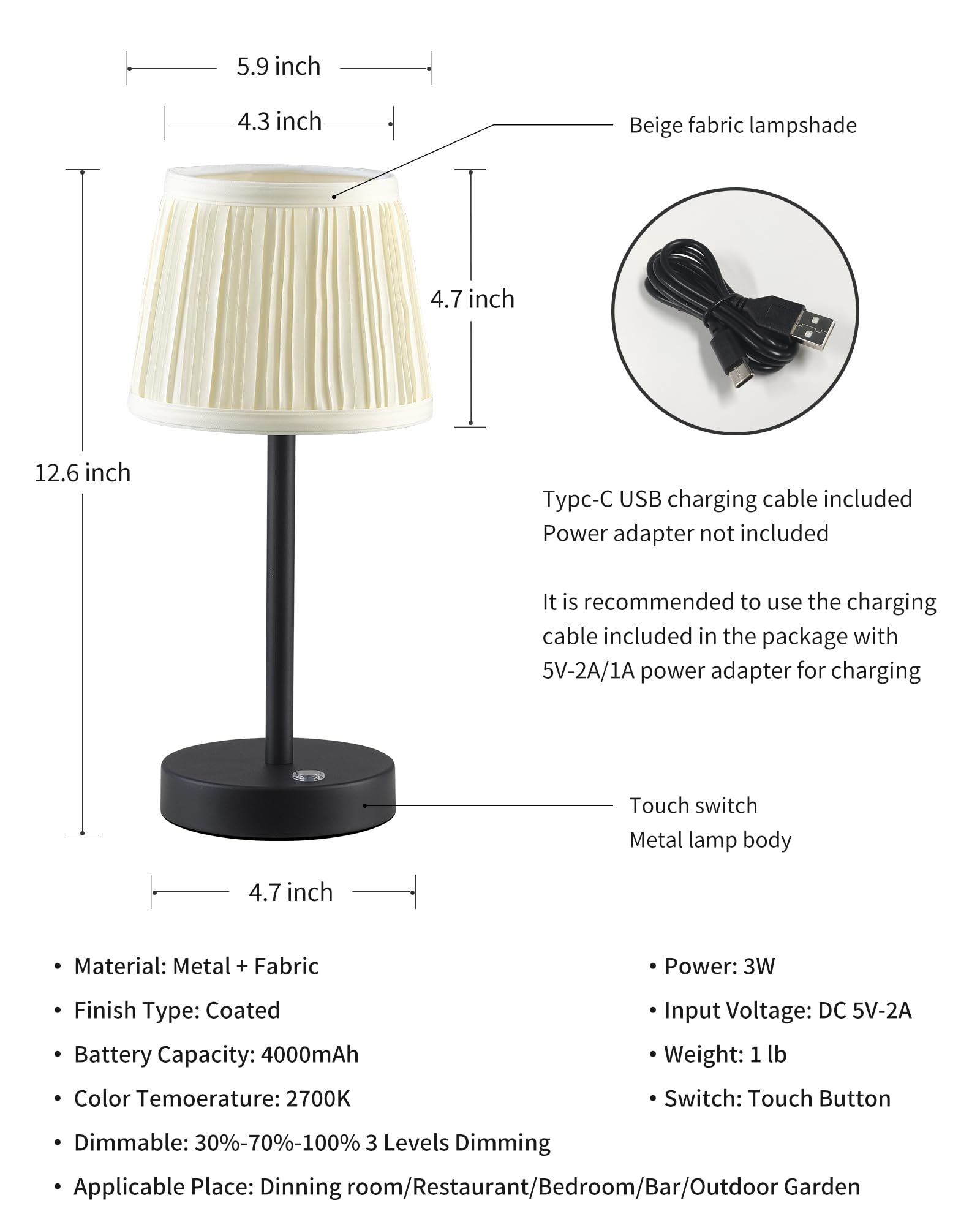 Pusu Cordless Led Black Table Lamp  Rechargeable 4000Mah 3 Way Dimmable Bedside Small Lamp With Fabric Shade  Lighting For Bedroom  Kids Room  Bathroom  Kitchen  Home Decor  Gift  Night Light