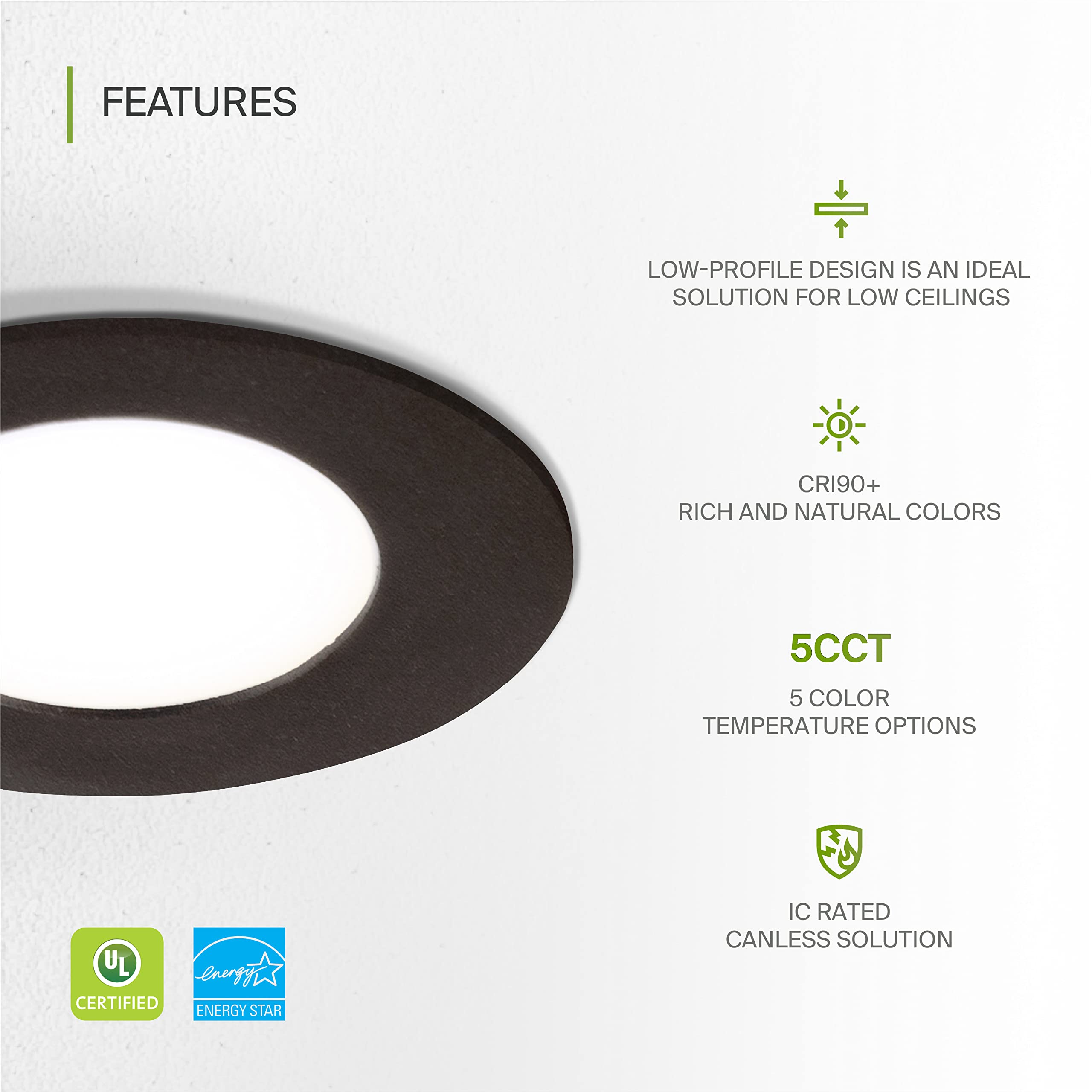 ASD LED Recessed Light 6 Pack, 3 Inch, Ultra Thin, Dimmable, 5 CCT 2700K-5000K, Black, Model A-JBR