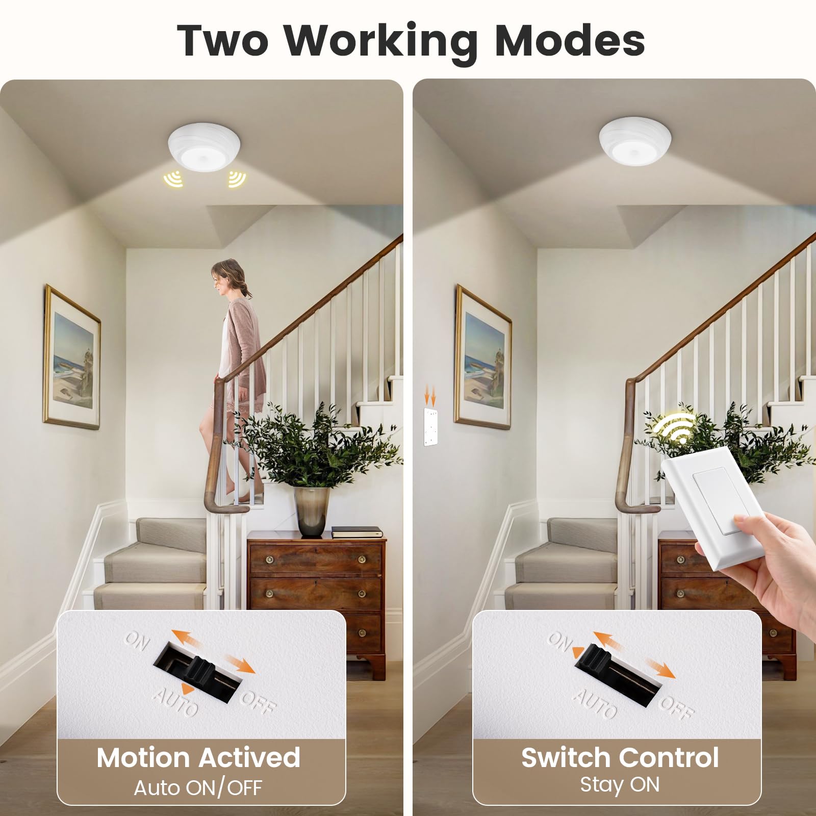 SURAIELEC Battery Ceiling Light, 6500K, 300LM, Wireless Wall Switch, Indoor Use, White, Model UBCL01B