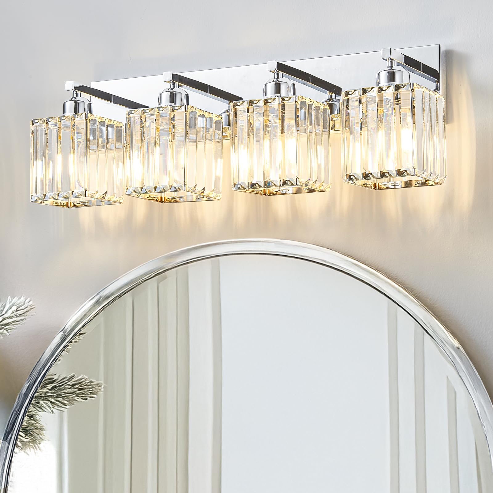 Aixialin 4-Light Chrome Bathroom Vanity Light Fixture, Modern Crystal Design, Model 600-100-1020, Metal Material