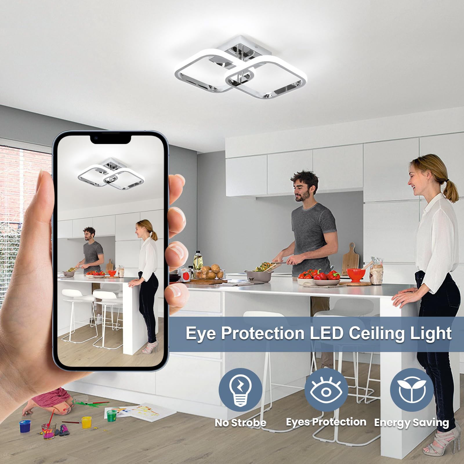 CANEOE Led Ceiling Light Fixture, Square Modern Design, 6000K Chrome Finish, Metal, Model GDD-SFSL-C-US