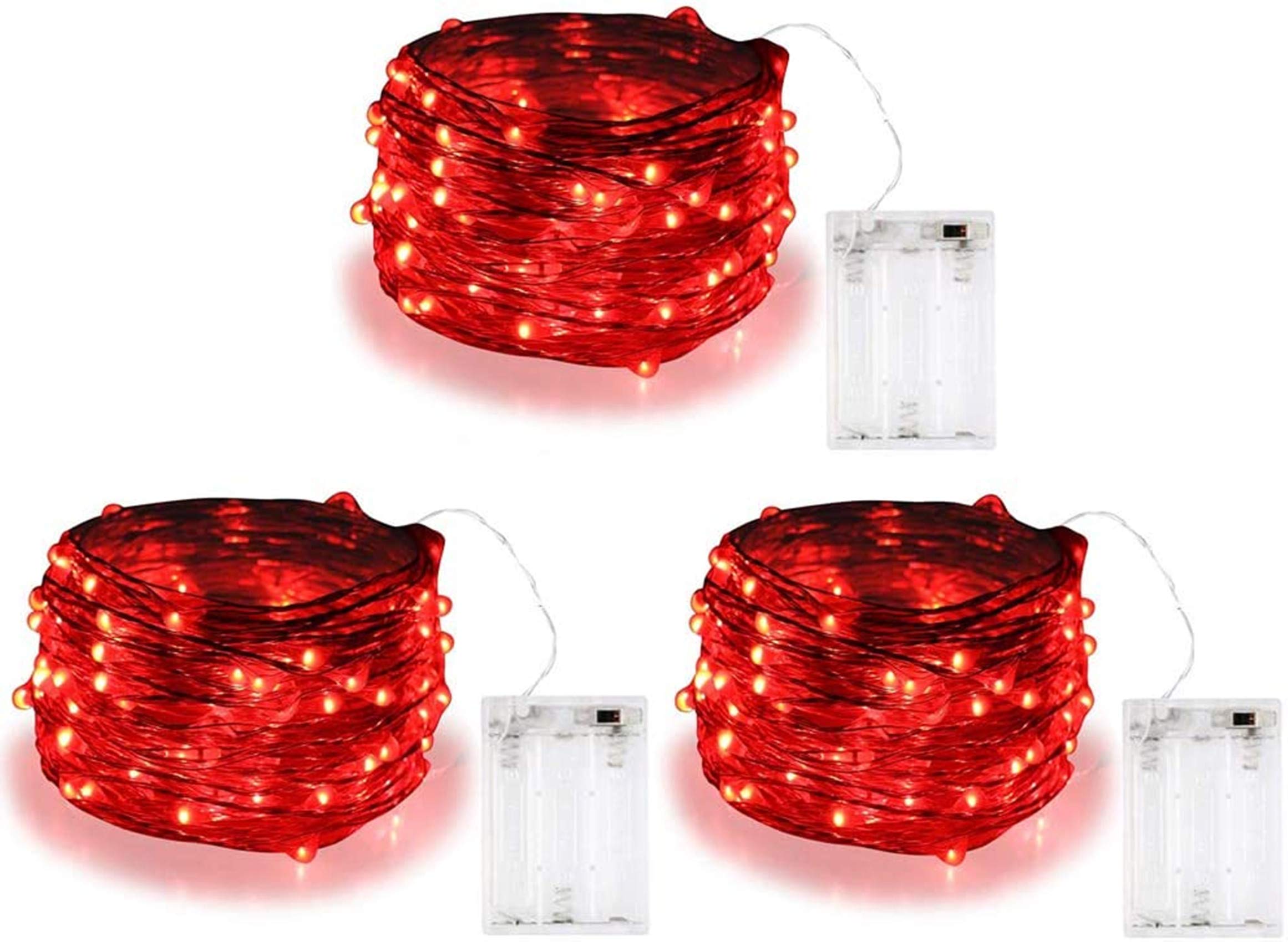 BOLWEO Valentines Day Decoration Red Fairy Lights Battery Operated, 3 Pack 10Ft 30 LED String Lights Lights, Diwali Halloween Li