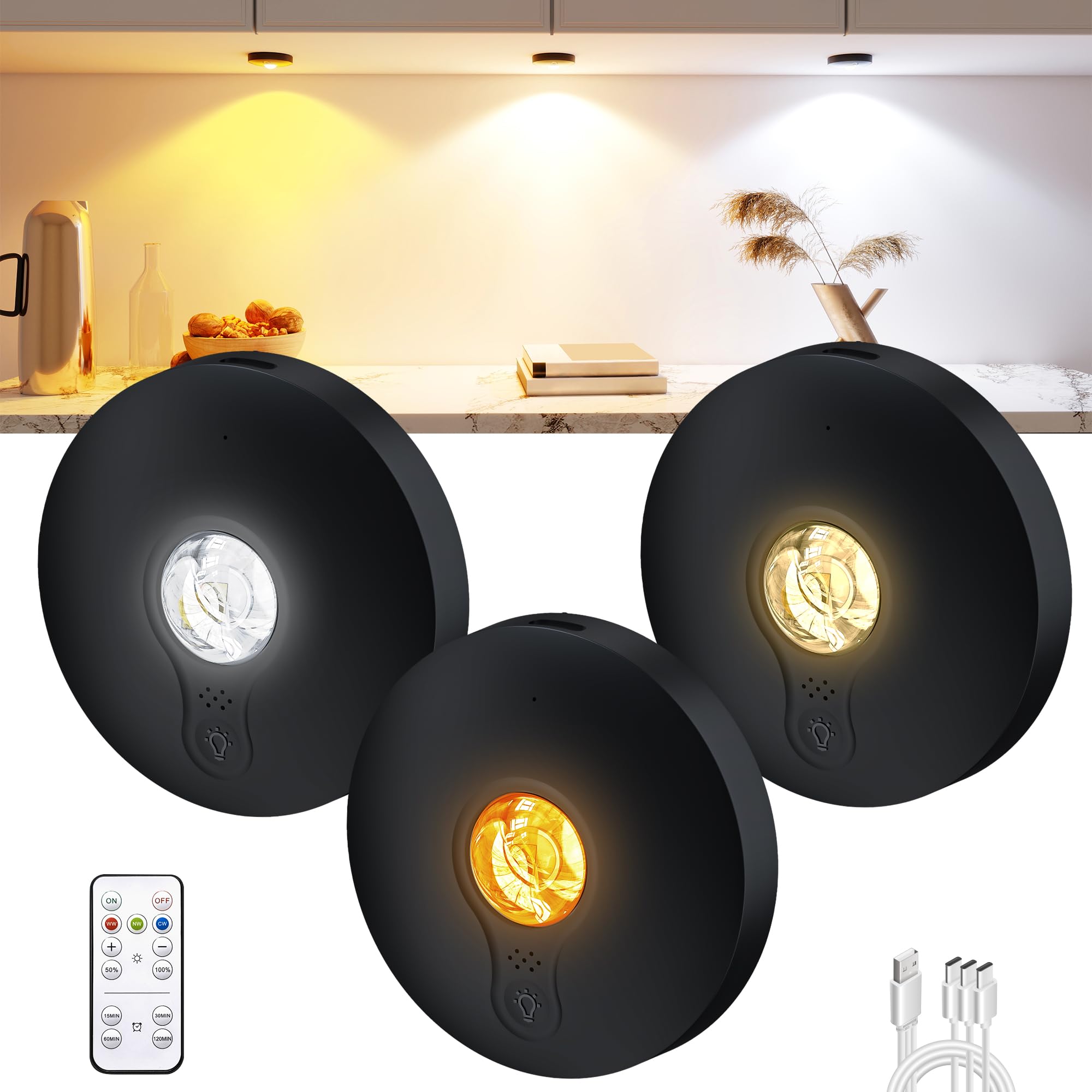 UNUSROOM Rechargeable Puck Lights, Dimmable LED Under Cabinet Lighting, Remote Control, Magnetic Mount, Black, Model T065