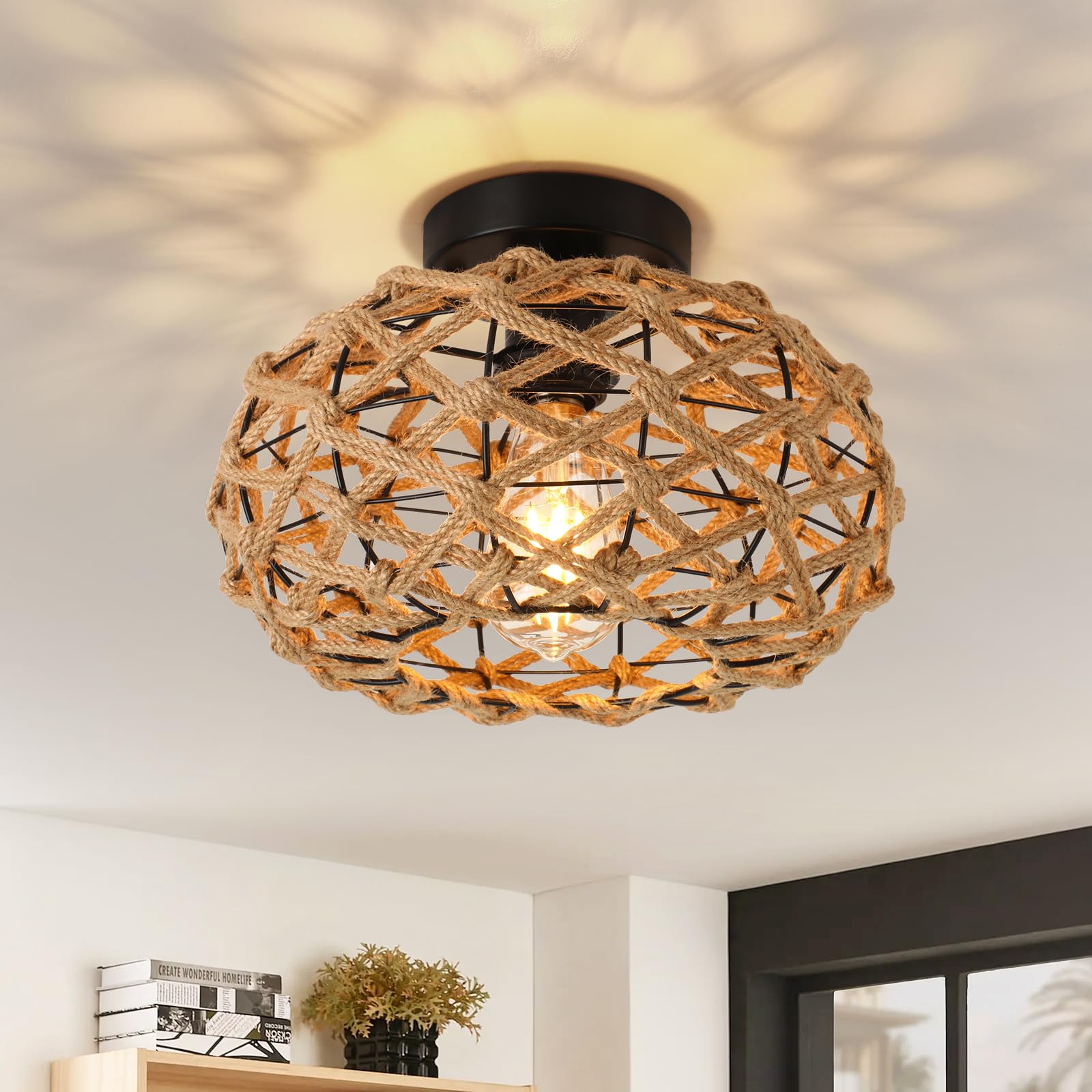 Foucasal Rattan Ceiling Light Fixture - Woven Wicker Semi Flush Mount For Coastal Boho Decor