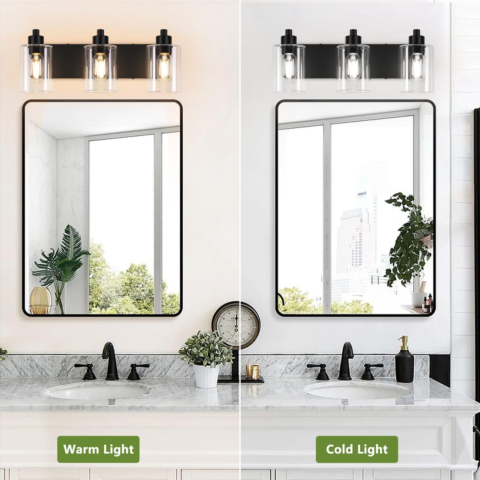 Dpyrrhic 3-Light Bathroom Light Fixtures, Matte Black Metal Sconces with Clear Glass Shade, Model JD-12