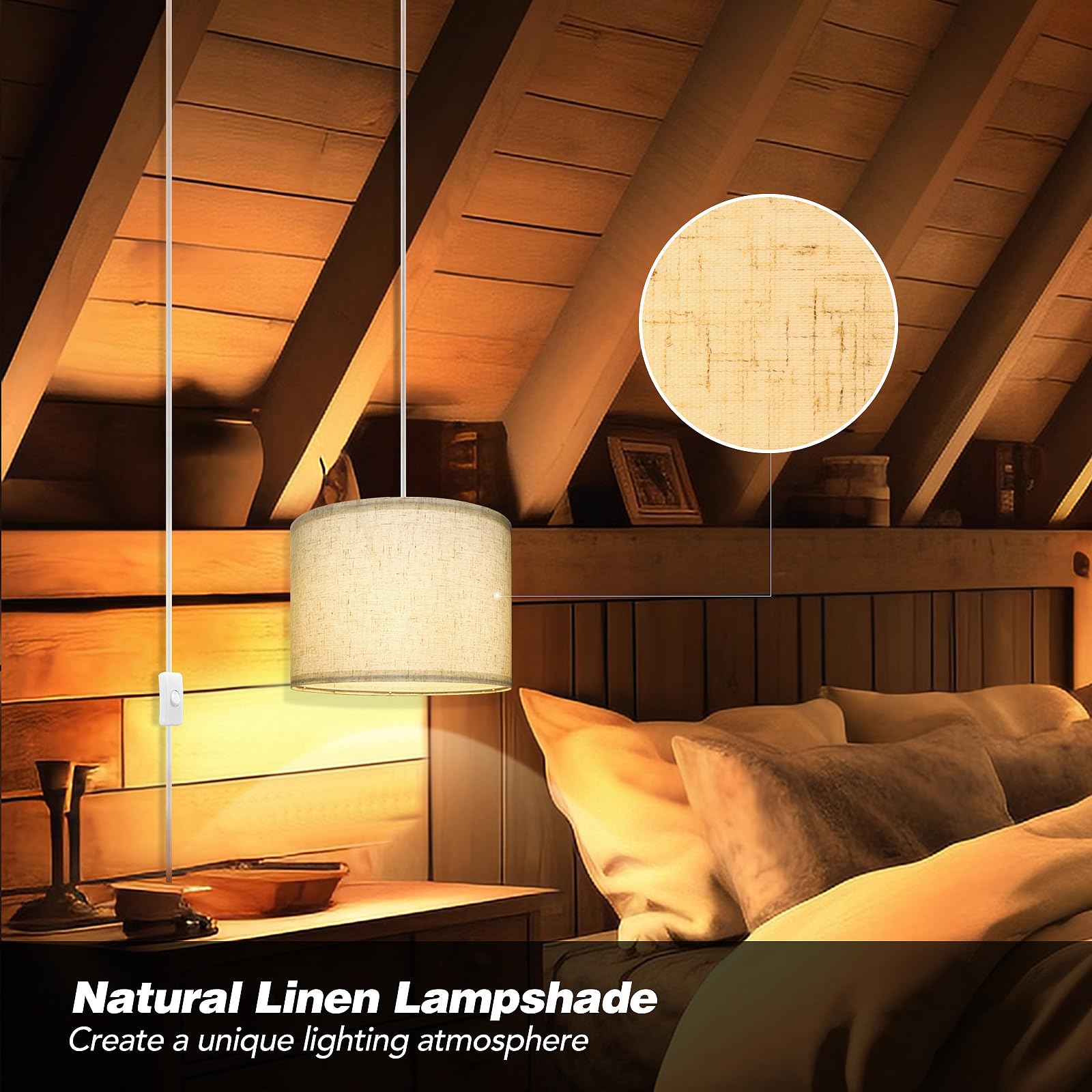 Wimisom Plug In Pendant Light,15 Ft Hanging Lamp With Plug In Cord, On/Off Switch, Beige Linen Shade, Hanging Light Fixture For