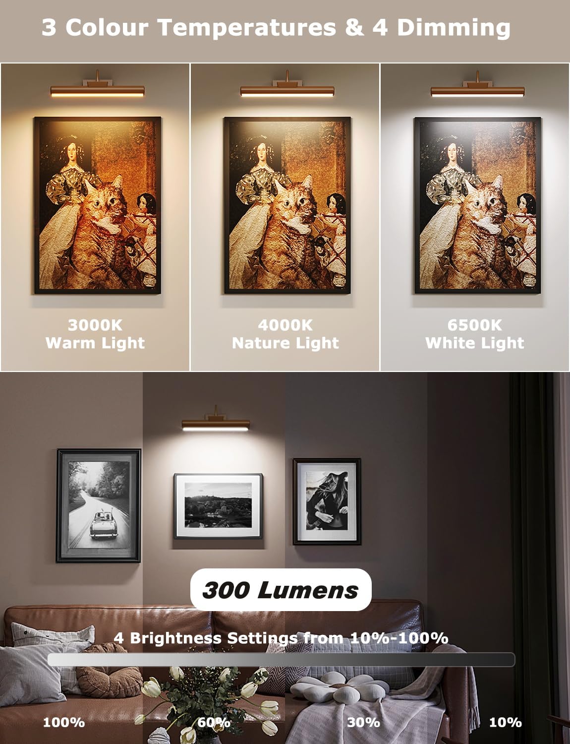 Picture Light Battery Operated, 13In Wireless Art Light For Paintings, Dimmable 5000Mah Recharging Battery Picture Light With Re
