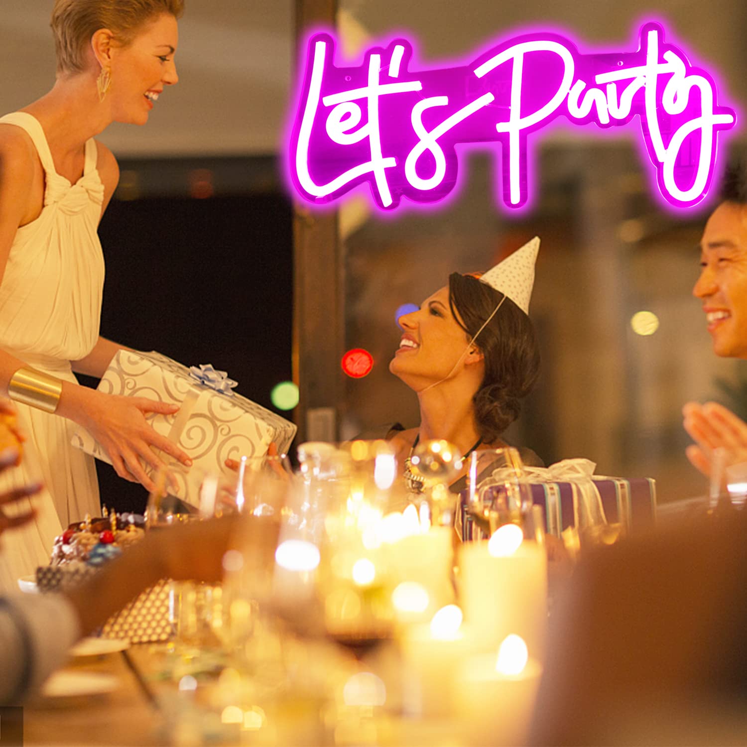 Ajoyferris Let'S Party Neon Signs Neon Light Sign For Wall Decor 16''X 7'' Word Led Neon Sign Art Decorative Lights For Bachelor