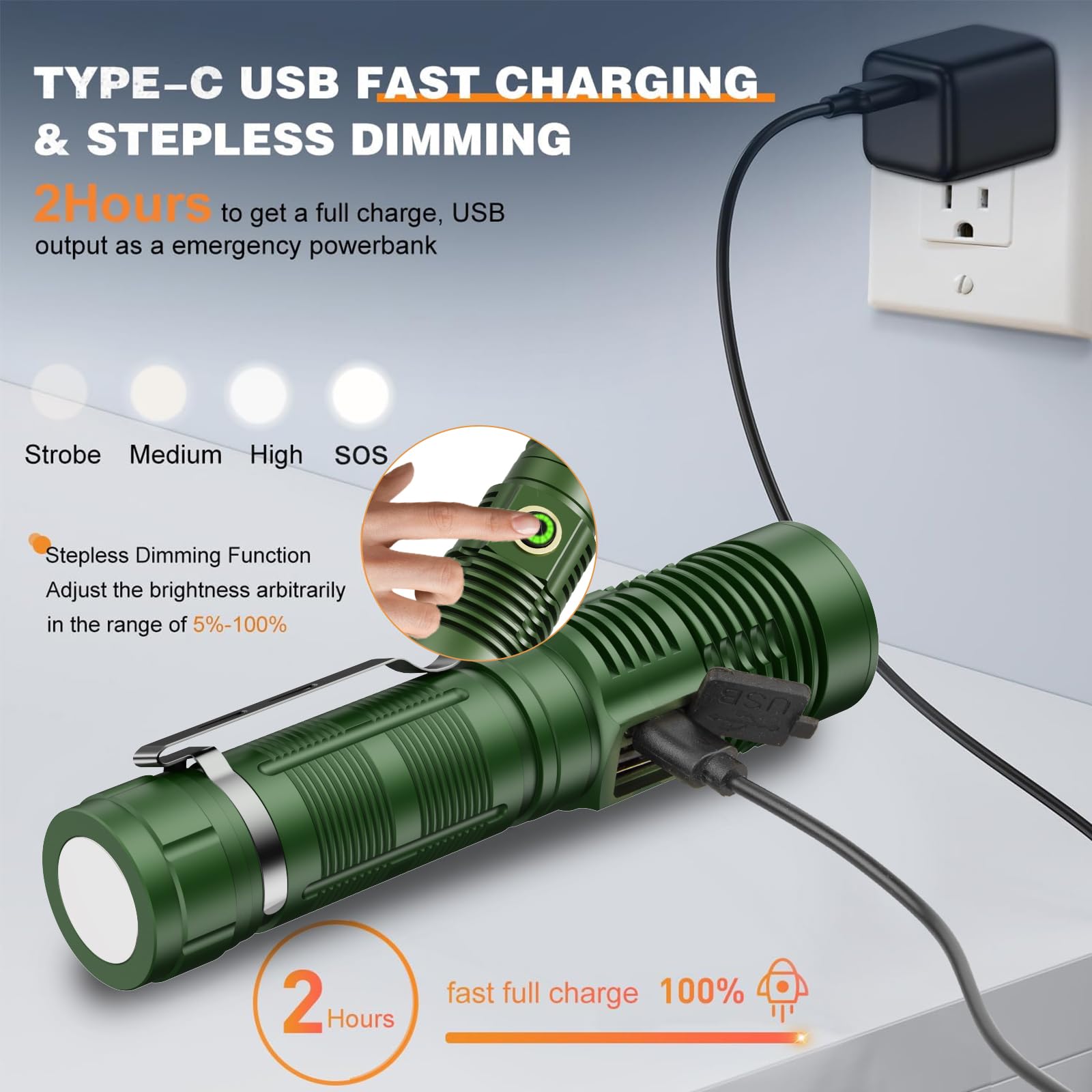 Hoxida Small Tactical Flashlight - 1500m Long Beam, USB Rechargeable, 5 Modes, Green, K2301, Aluminum