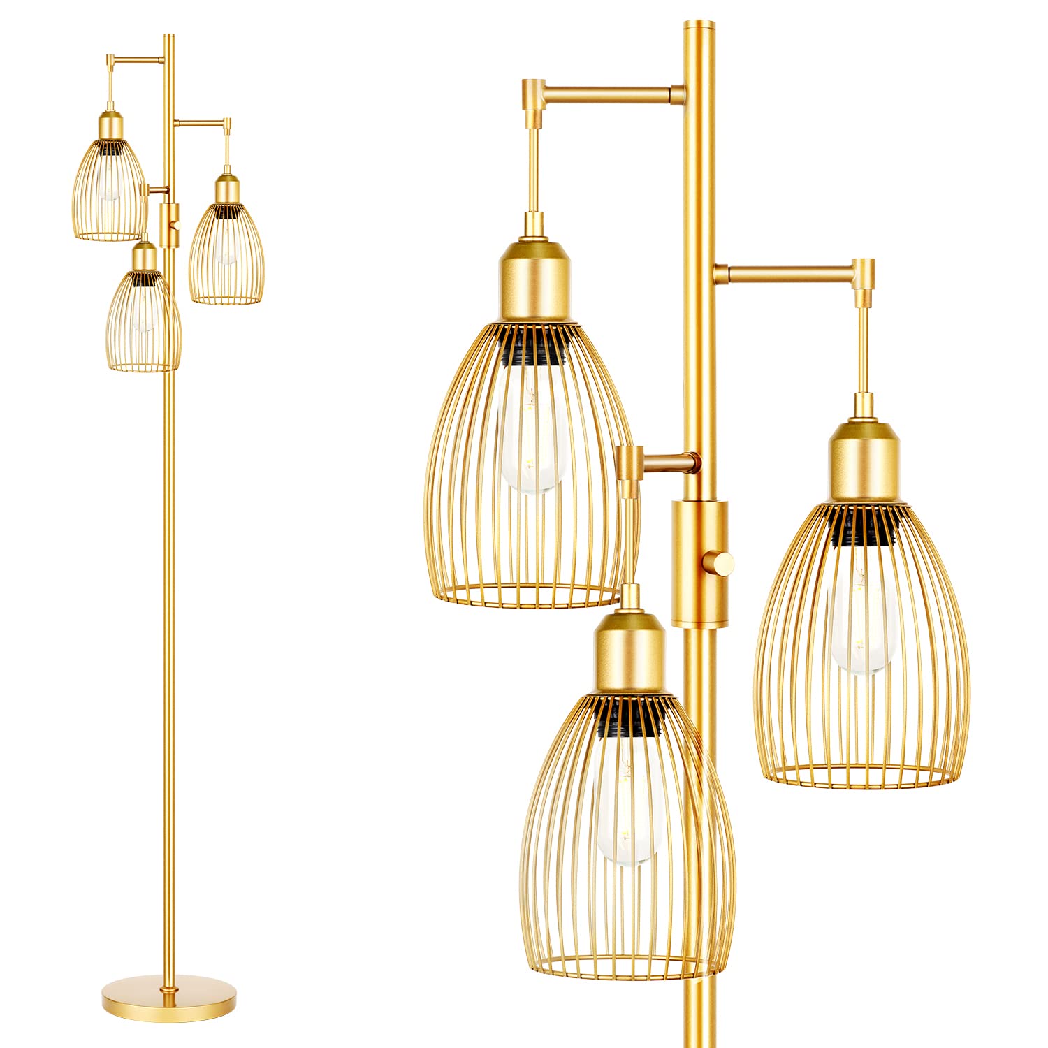 Nintiue Dimmable Floor Lamp with 3 LED Edison Bulbs, 68" Gold Metal Design for Living Room, Bedroom, Office - Model FL1908