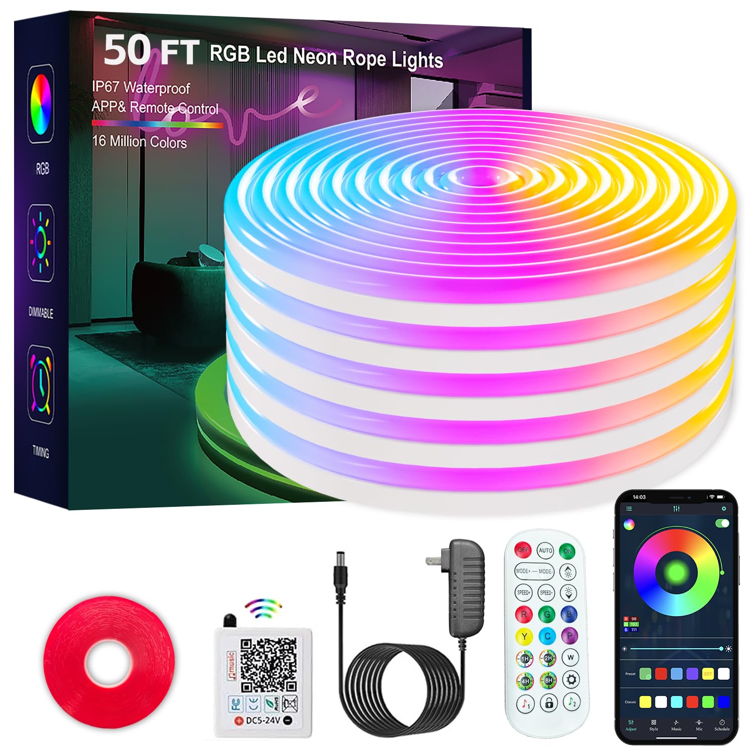 MFWW 50FT Neon Rope Lights, IC+RGB LED Strip, App+Remote Control, IP67 Waterproof, Multicolor, Music Sync, Flexible Design