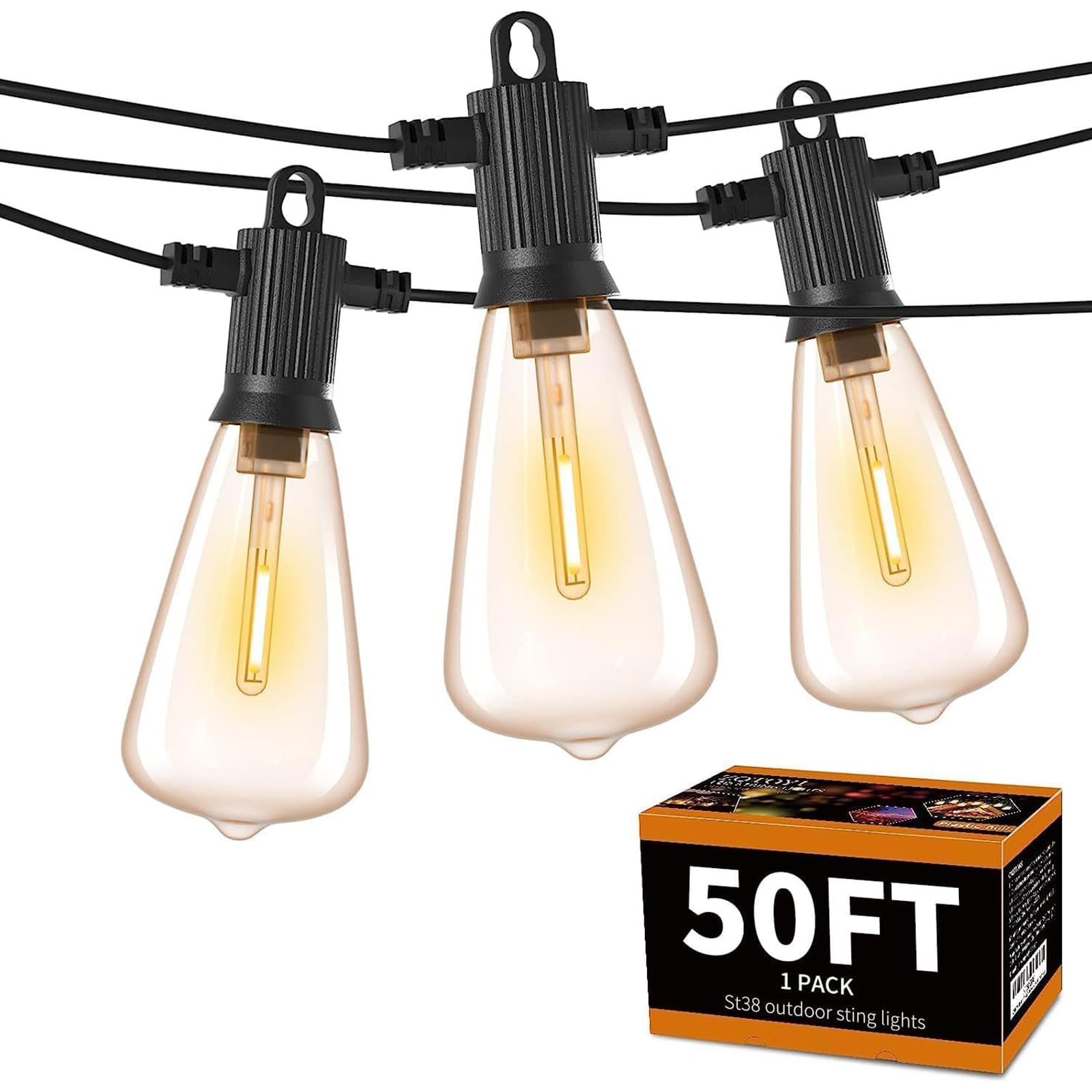 ZOTOYI Outdoor String Lights 50FT, Patio Lights with 27 LED Plastic ST38 Edison Bulbs(2 Spare), Waterproof IP65 Outside Hanging 