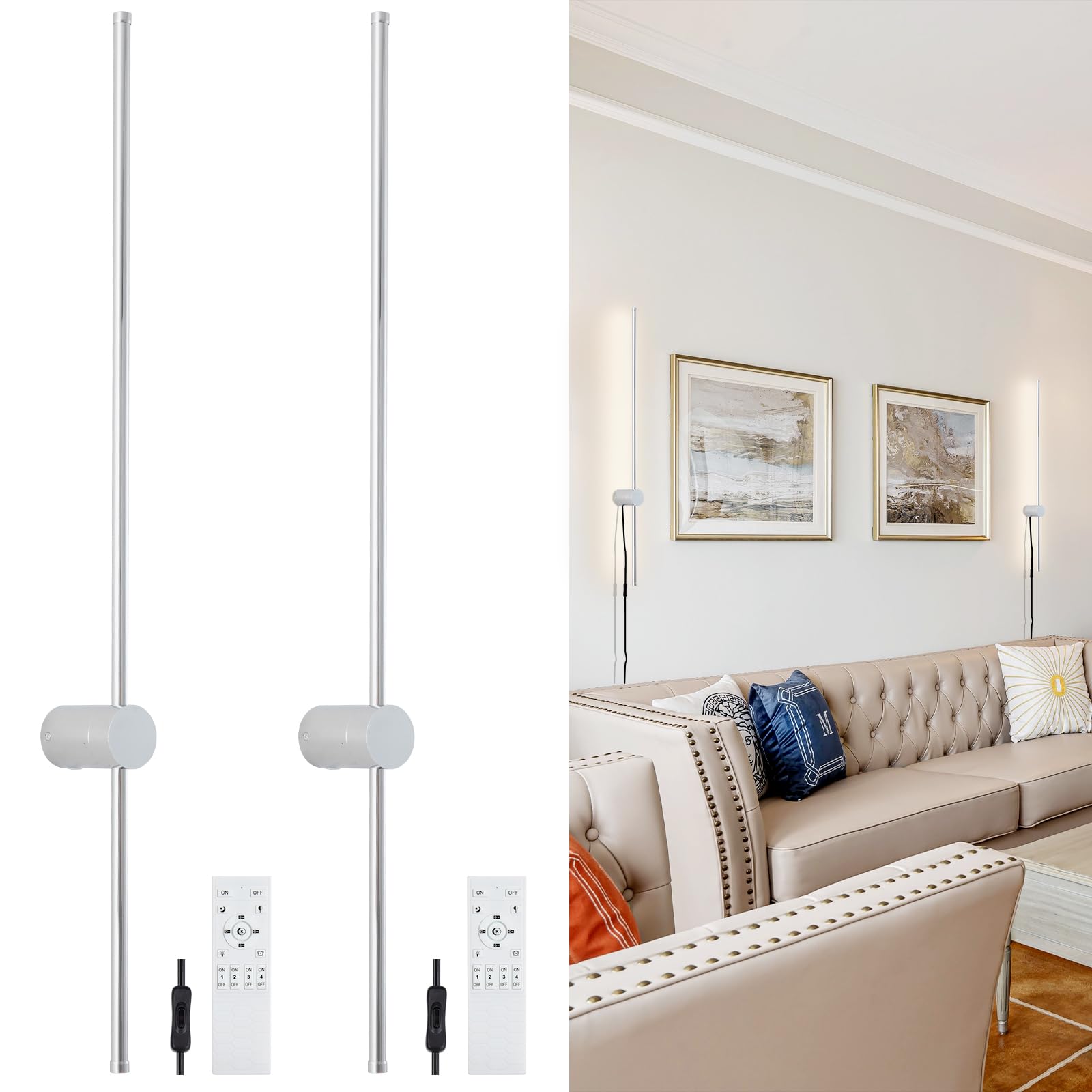 Keluoly Dimmable Plug In Wall Sconce Set Of 2, Chrome 39.37" Led Wall Light With Remote, Adjustable Color Temperature Brightness Wall Lamp With Timer For Living Room,Bedroom And Accent Lighting