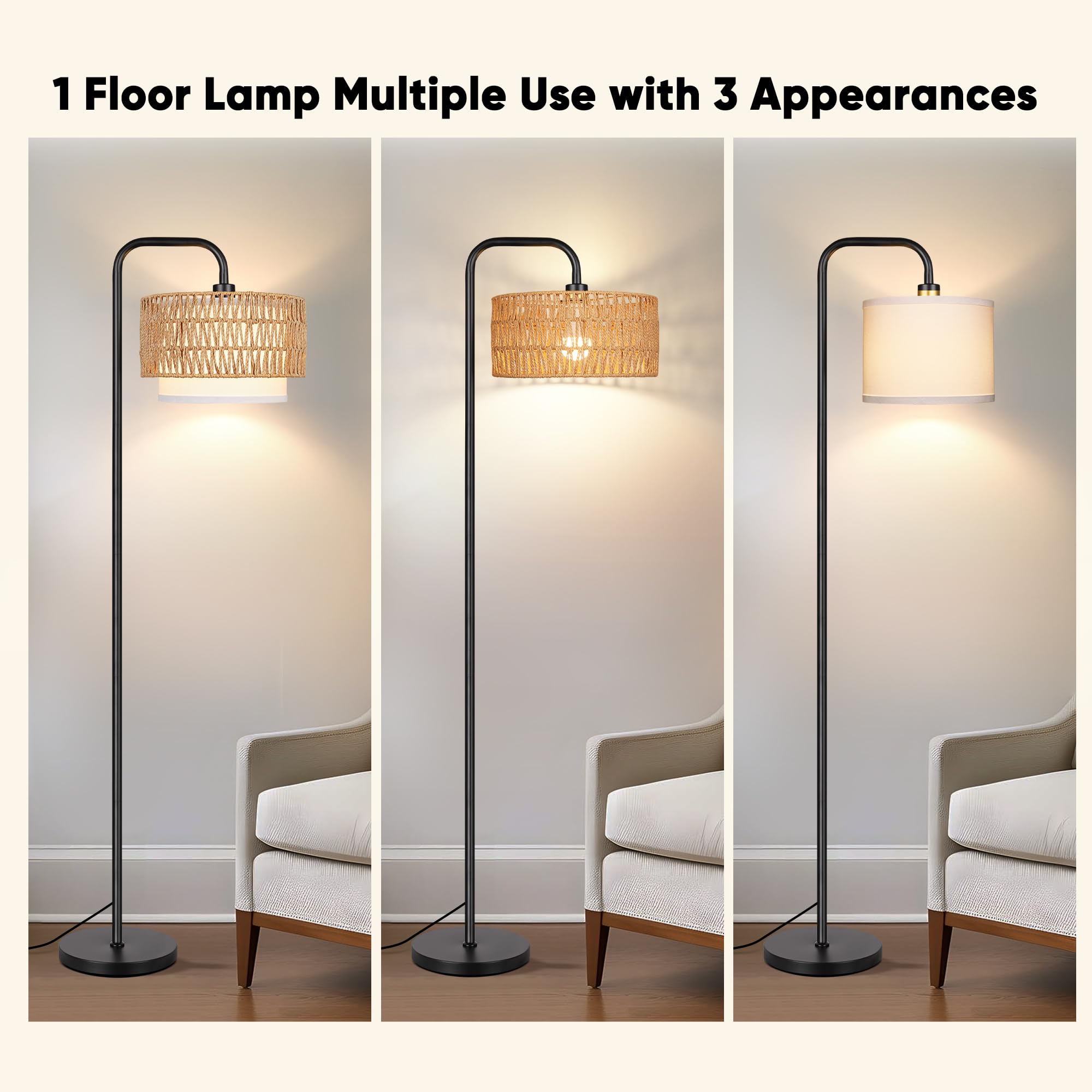 PARTPHONER Floor Lamp with Remote, Dimmable Bulb, 3 Color Temperatures, Black, Dual-layer Shade, Model STR-FL-0177