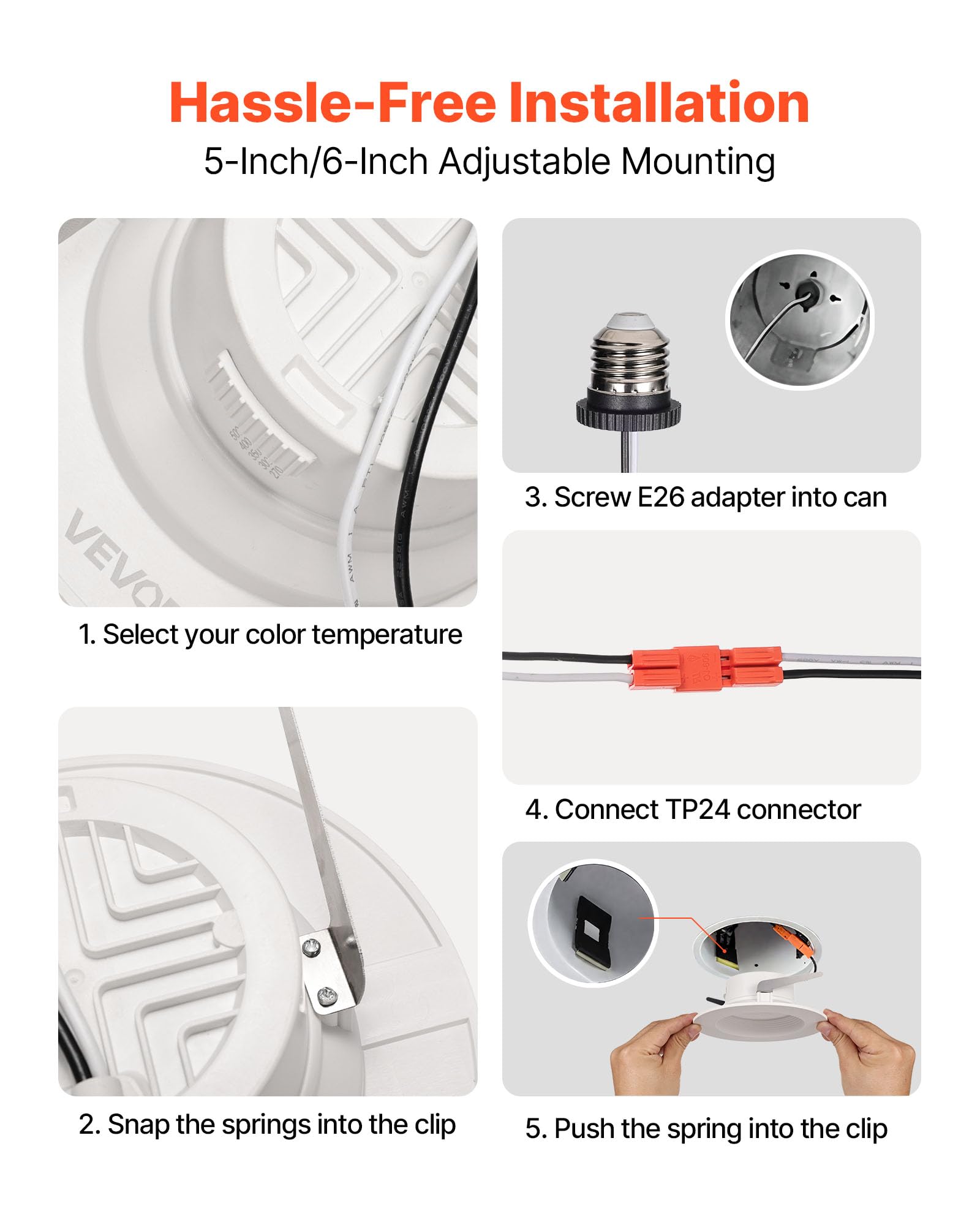 VEVOR 10 Pack LED Recessed Lighting, 4 Inch, 9W 120V, 750 LM, Selectable 5CCT 2700K-5000K