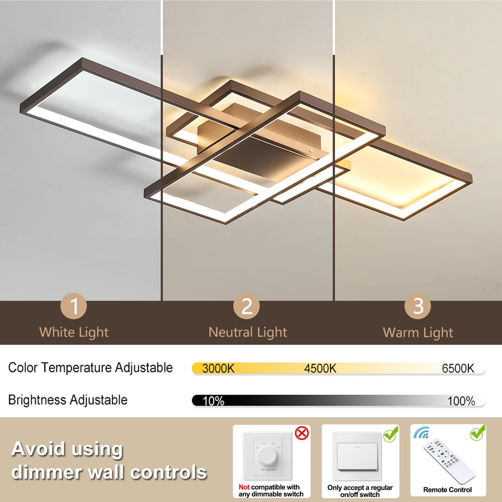 GEADI Modern Ceiling Light Fixture, Dimmable LED, 50W, 35.4in, Coffee, Model 17025C