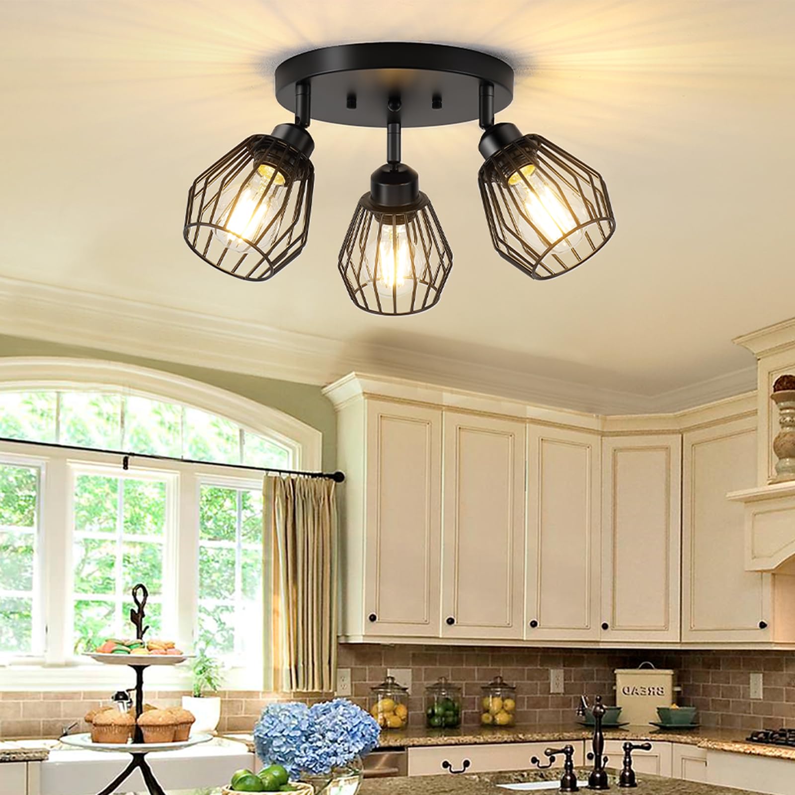 Baocuz 3-Light Adjustable Black Metal Cage Ceiling Light Fixture for Kitchen, Hallway, Dining Room
