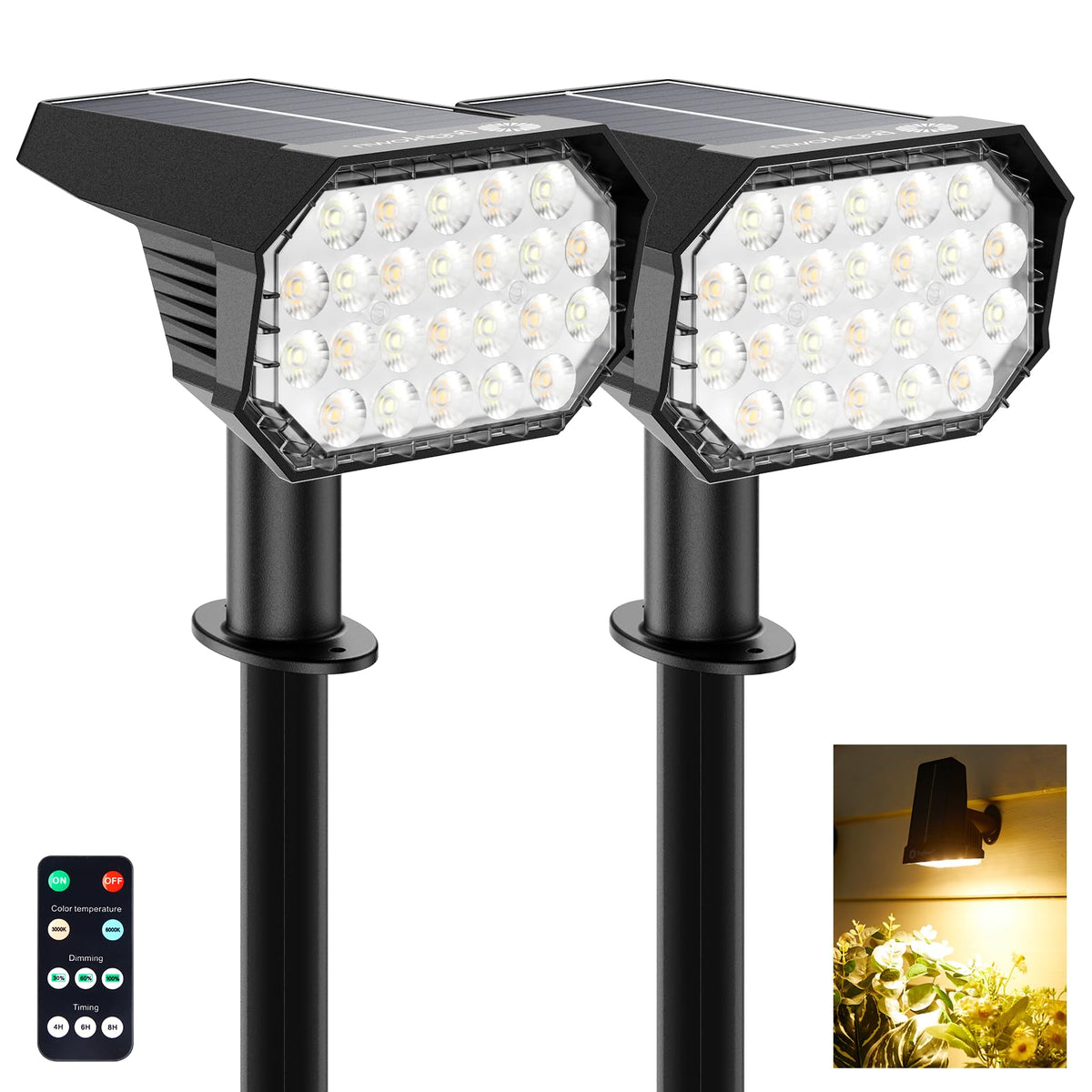 Brightown Solar Lights Outdoor With Remote Control, White And Warm White 2 Colors Solar Spot Lights Outdoor, 3 Modes Solar Power