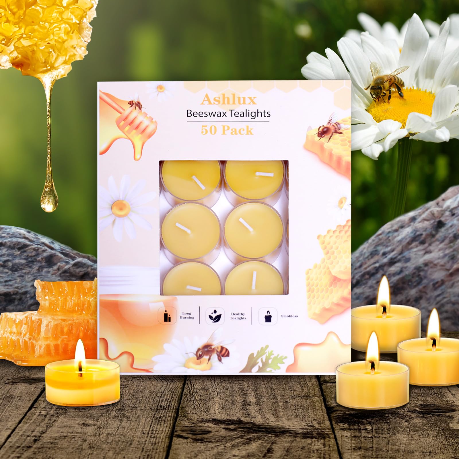 Ashlux Unscented Beeswax Tealight Candles 50 Pack, 4 Hours Long Burning Handmade Yellow Tea Lights Candles, Clear Cup Smokeless