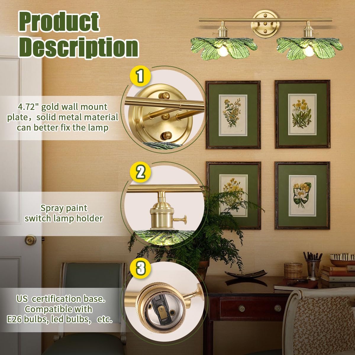 Auwieou Vintage Wall Sconce - 2 Light Bathroom Fixture, Green Glass Shade, Metal, Model Auwi0065