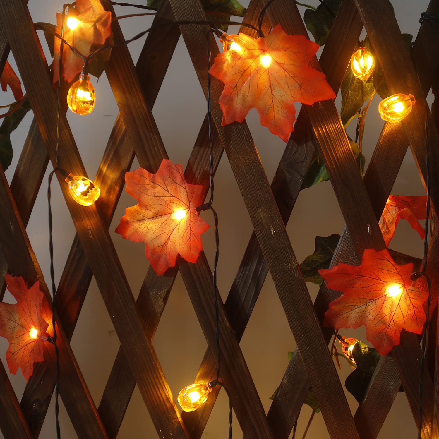 Xingpold Solar Pumpkin Maple Leaf String Lights, 50LED 30ft, Waterproof Fall Decor, Gold for Thanksgiving Halloween Garden