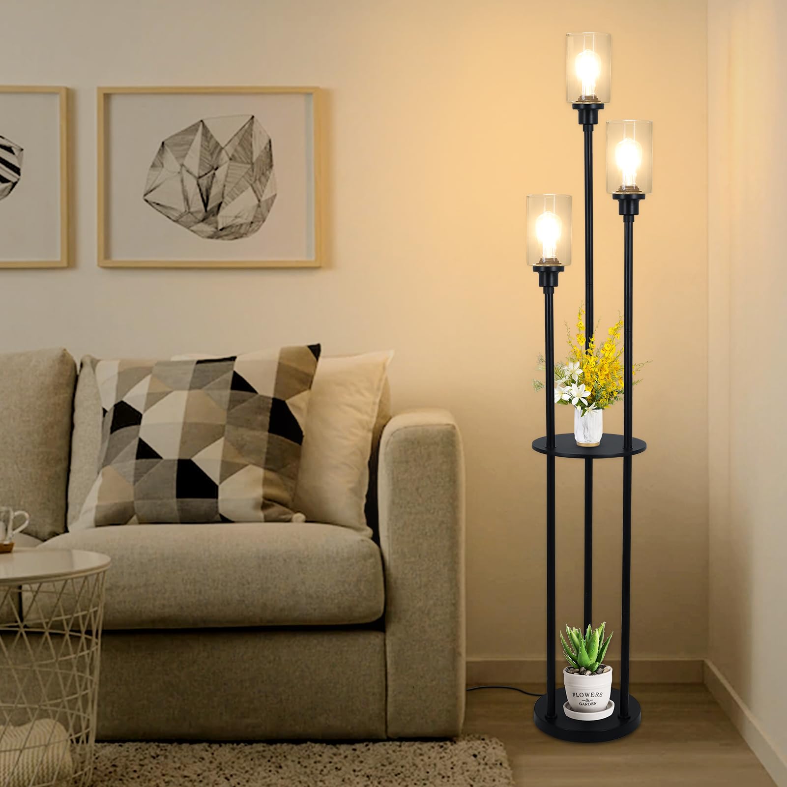 Hmvpl Floor Lamps For Living Room, 3-Lights Modern Floor Lamp With Shelves, Farmhouse Standing Lamp With Glass Shades, On/Off Fo