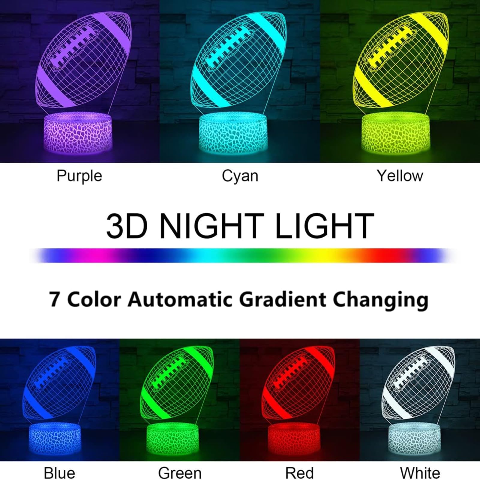 I-Chony Football Night Light, Led 3D Illusion Lamp, 7 Colors Auto Gradual Changing, Dimmable Football Gift For Kids Boys Girls T