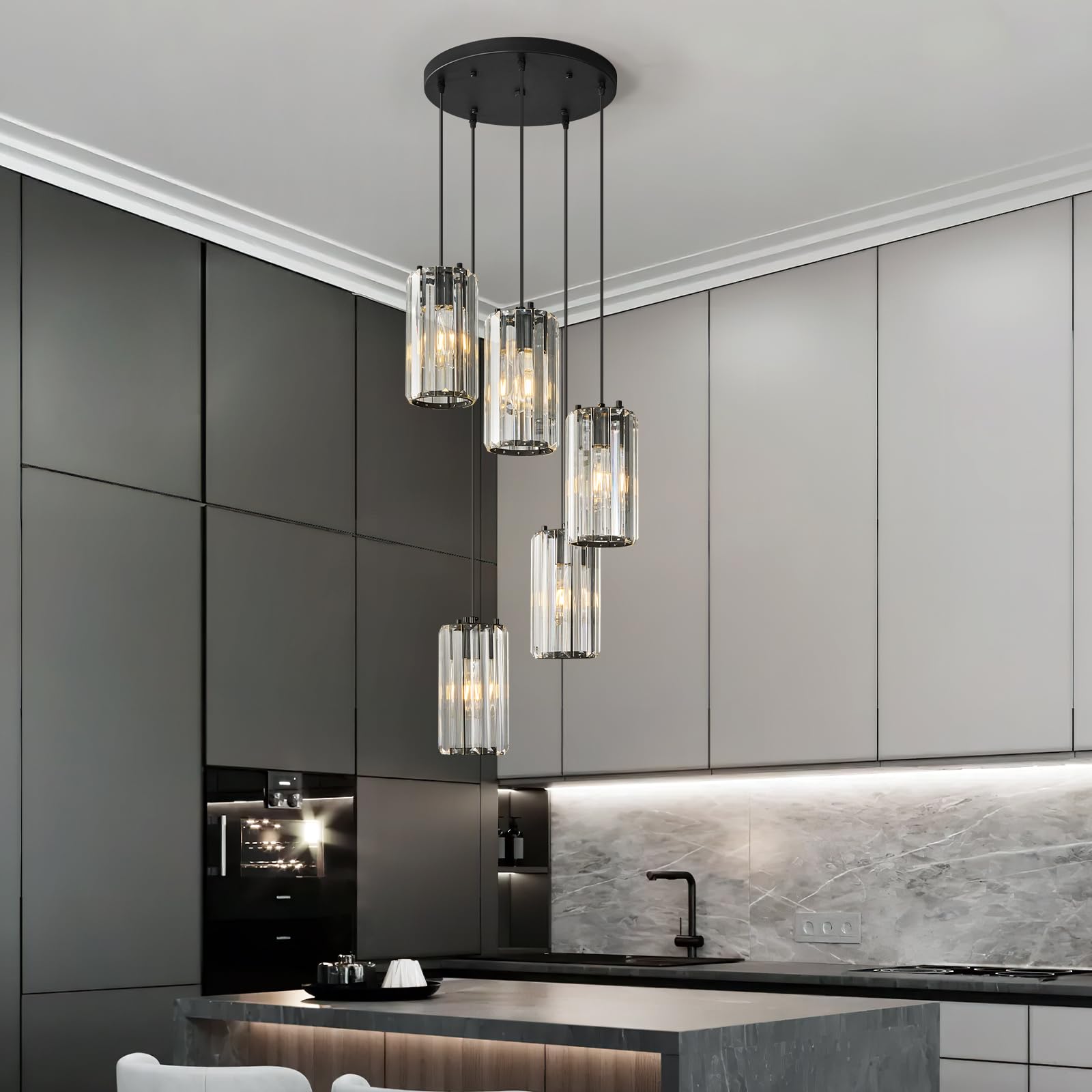 Zhllmq Black Pendant Lighting Modern Pendant Light  Mini Crystal Chandeliers Adjustable Pendant Light Fixture For Kitchen Island Dinning Room Corridor Bedroom(Gold 5-Light)