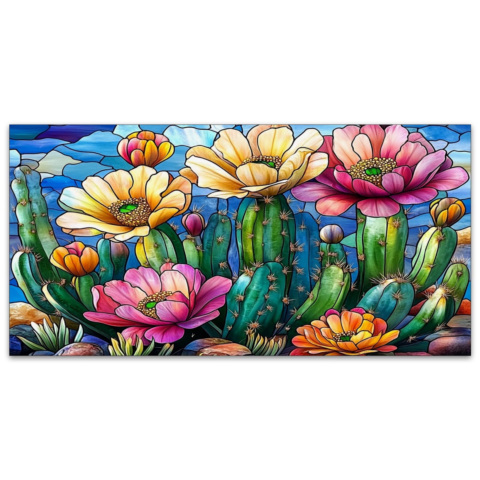 MSINMKOK Stained Glass Cactus Light Cover, 47.2'' x 23.6'', PET Material, Colorful Ceiling Decor for Home & Office