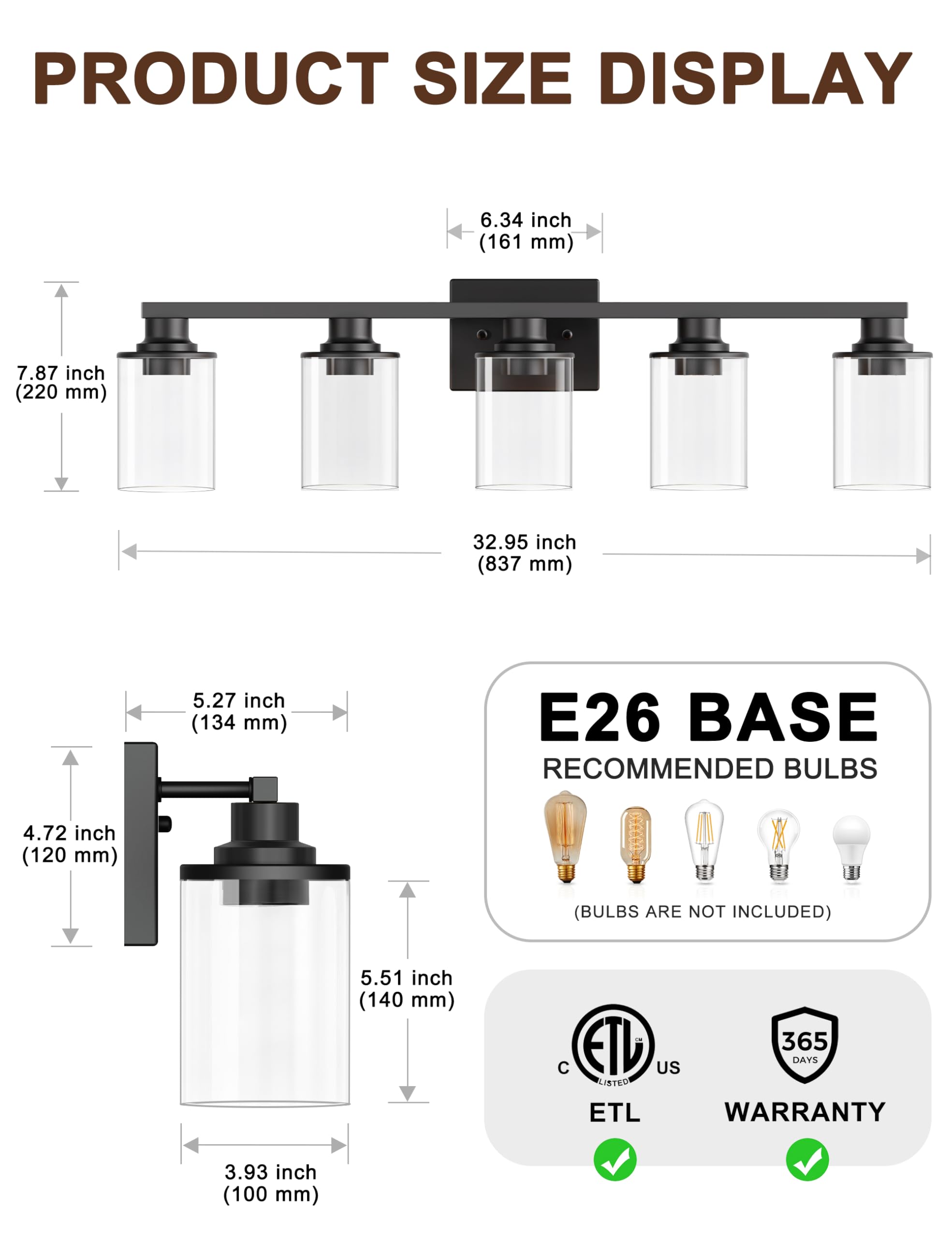 Doresshop Bathroom Light Fixtures, 5-Light Black Bathroom Lighting Fixtures Over Mirror With Clear Glass Shade, Vanity Lights Fo