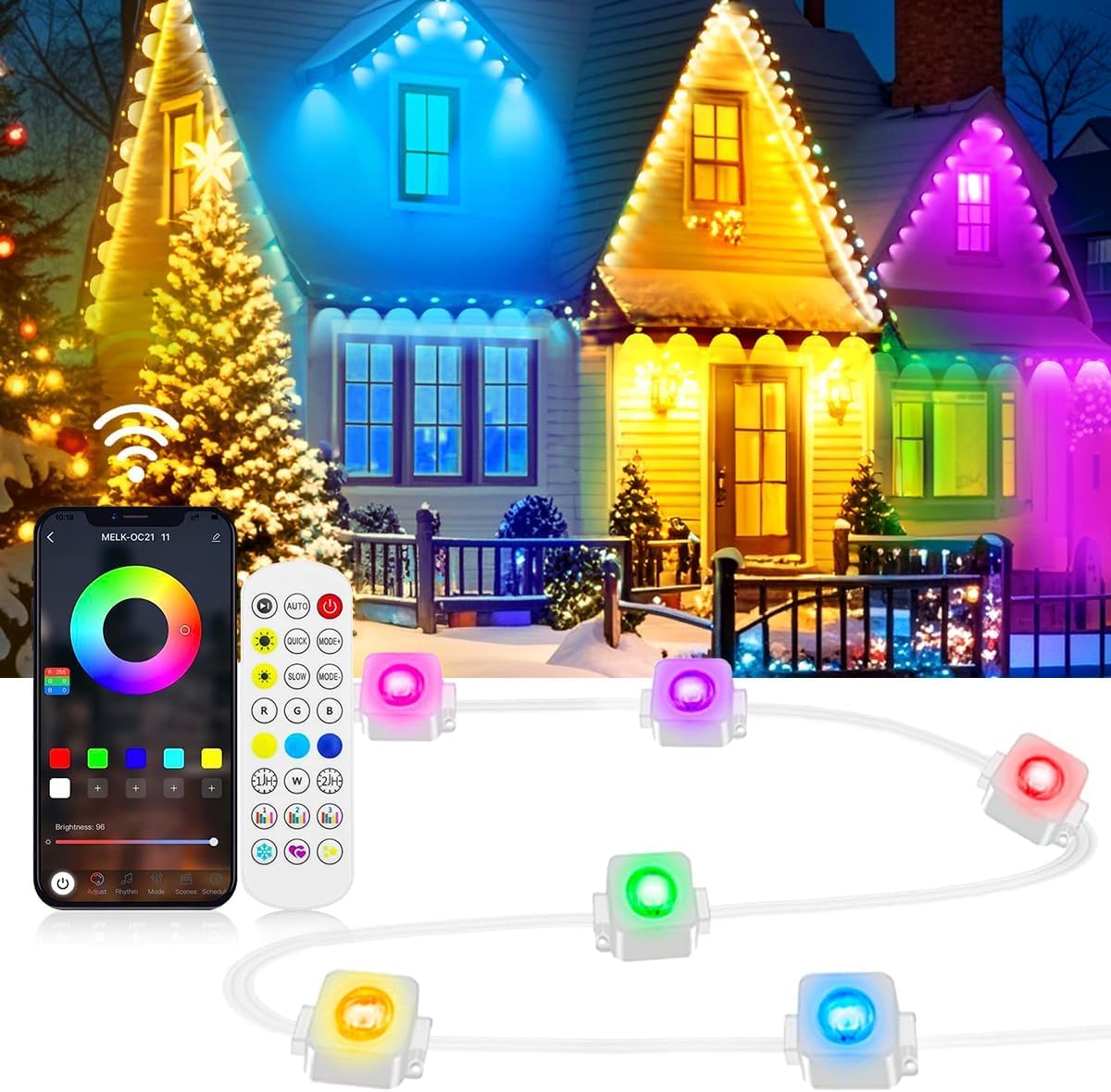 RaThun Permanent Outdoor LED Lights 200ft - 120 LEDs Smart RGB+IC with 72 Scene Modes, Triangle Optics & IP68 Waterproof (-20C t