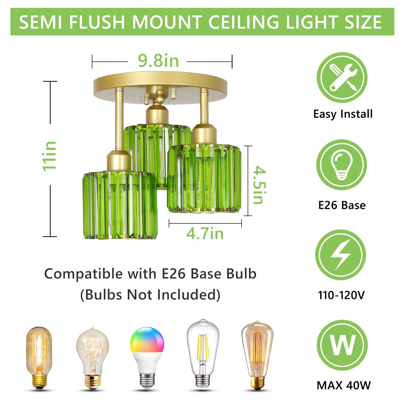 PAUFUL 3-Light Semi Flush Mount Ceiling Light, Green Crystal Shades, Model 250617A1