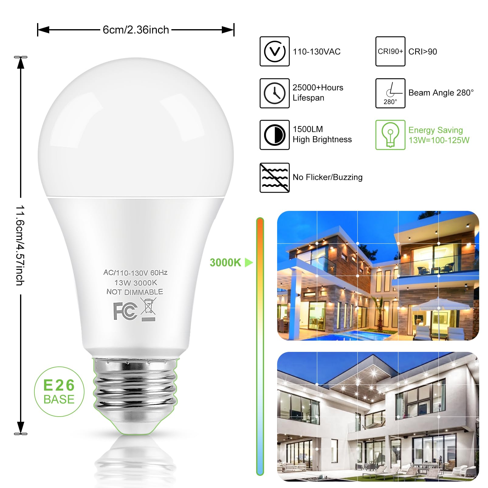 Brightever A19 LED Light Bulbs, 100W Equivalent, 13W, 1500 Lumens, 3000K Soft White, E26, 4-Pack